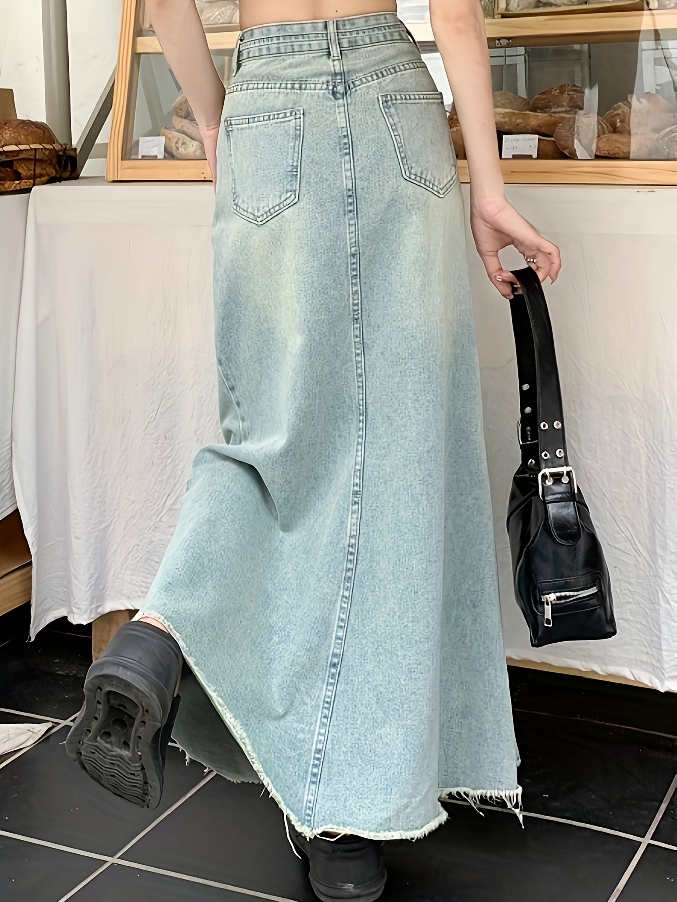 vlovelaw  Cross Strap High Waist Denim Midi Skirt, Raw Trim Loose A-line Fashion Elegant Denim Skirt, Women's Denim Clothing