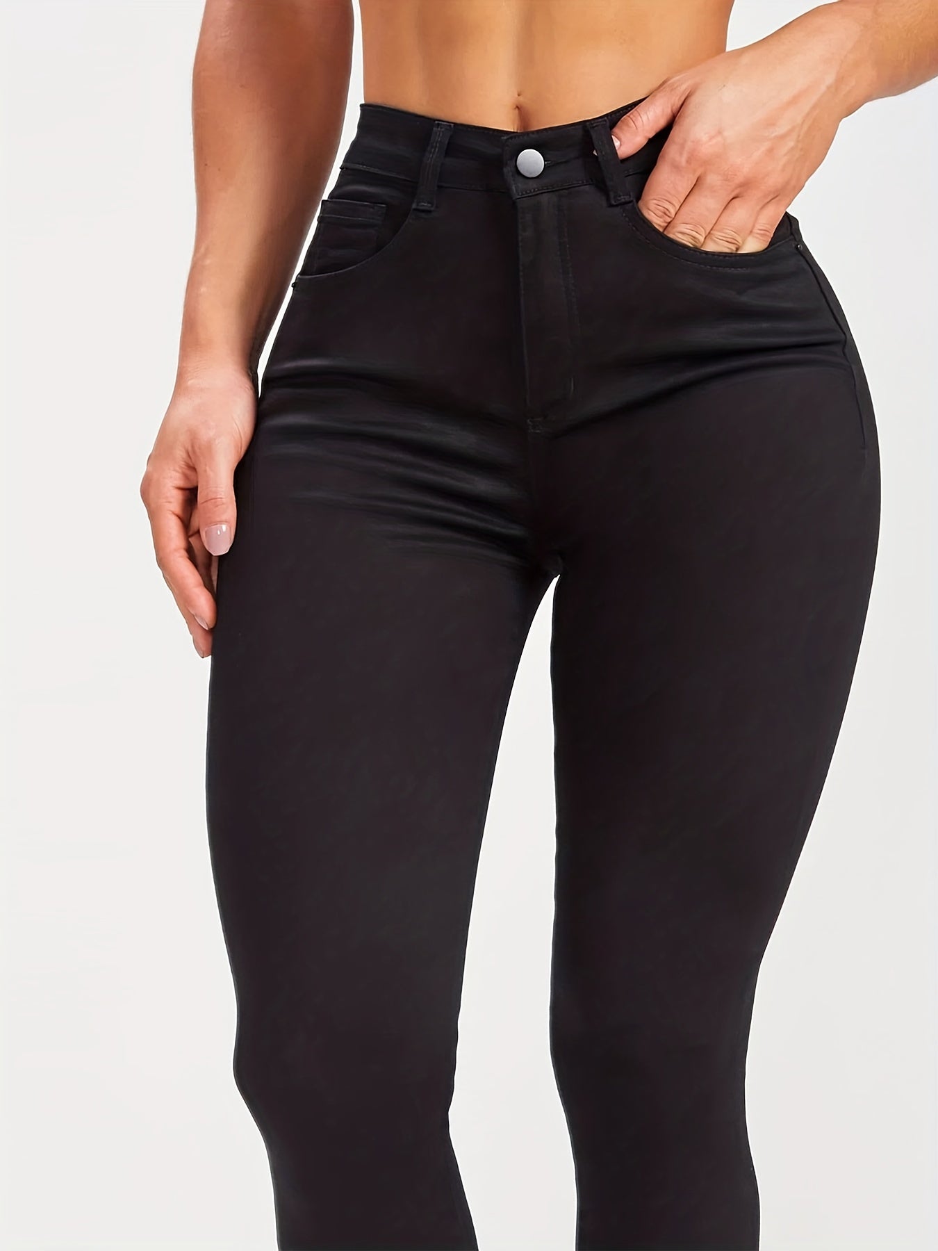 Solid Black Skinny Jeans, High Stretch Mid Rise Stylish Plain Denim Pants, Essential Basic Pants For Every Day, Women's Denim Jeans & Clothing