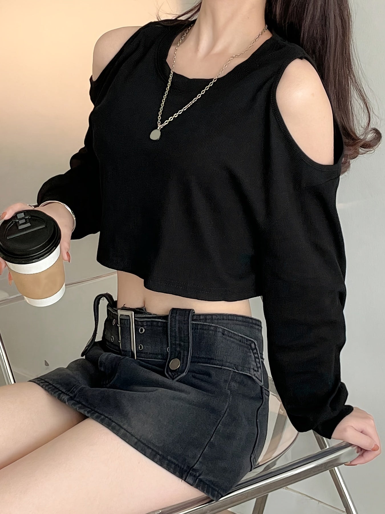 Cold Shoulder Crop T-Shirt, Casual Long Sleeve Crew Neck Top, Women's Clothing