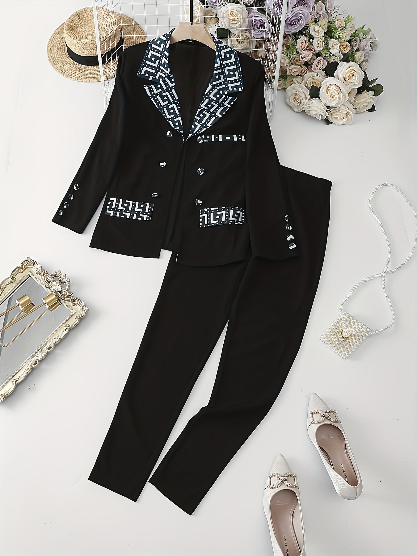 vlovelaw Color Block Two-piece Set, Casual Button Front Blazer & Slim Pants Outfits, Women's Clothing