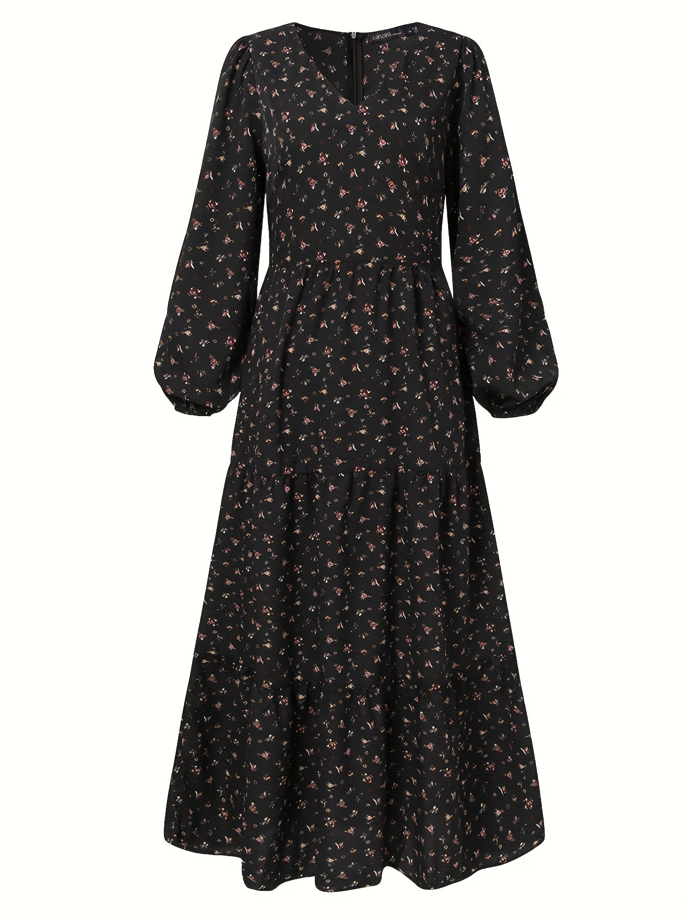 vlovelaw Tiered Floral Print Dress, Boho Lantern Sleeve V Neck Maxi Dress, Women's Clothing