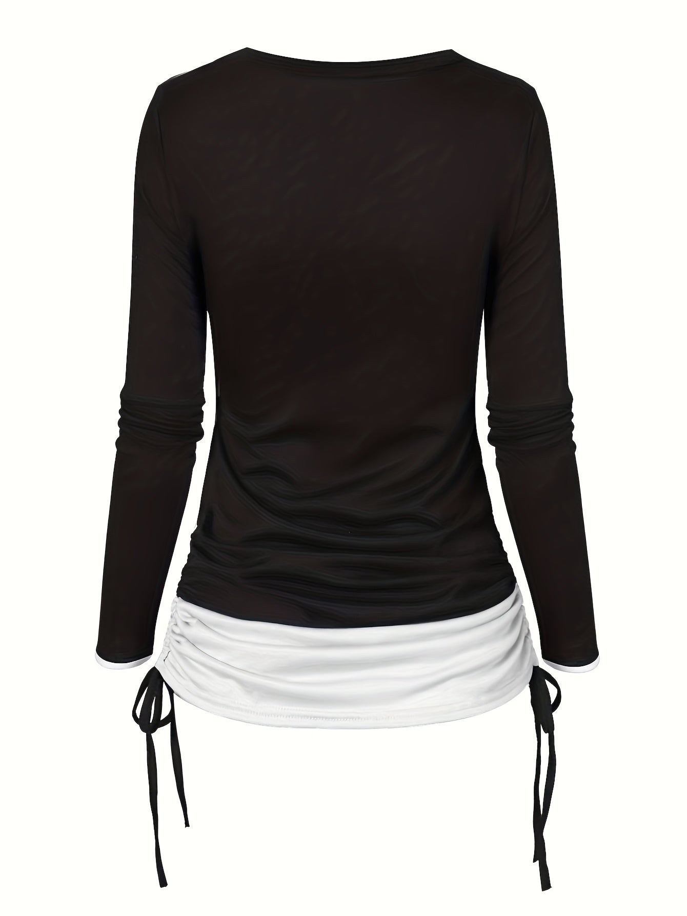 vlovelaw 2 In 1 Moon & Sun Print Side Tie T-Shirt, Casual Colorblock Ruched Long Sleeve T-Shirt, Women's Clothing