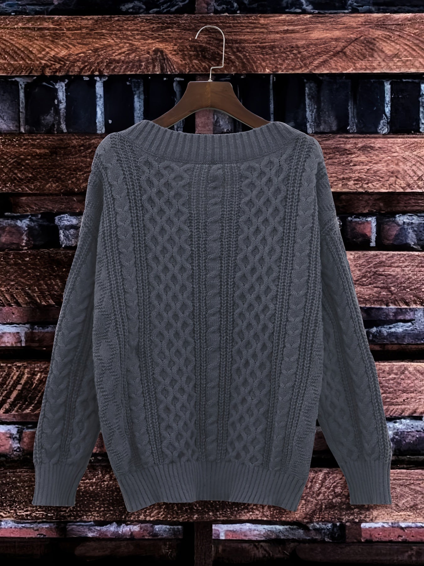 vlovelaw Solid Notched Neck Pullover Sweater, Casual Long Sleeve Sweater For Fall & Winter, Women's Clothing