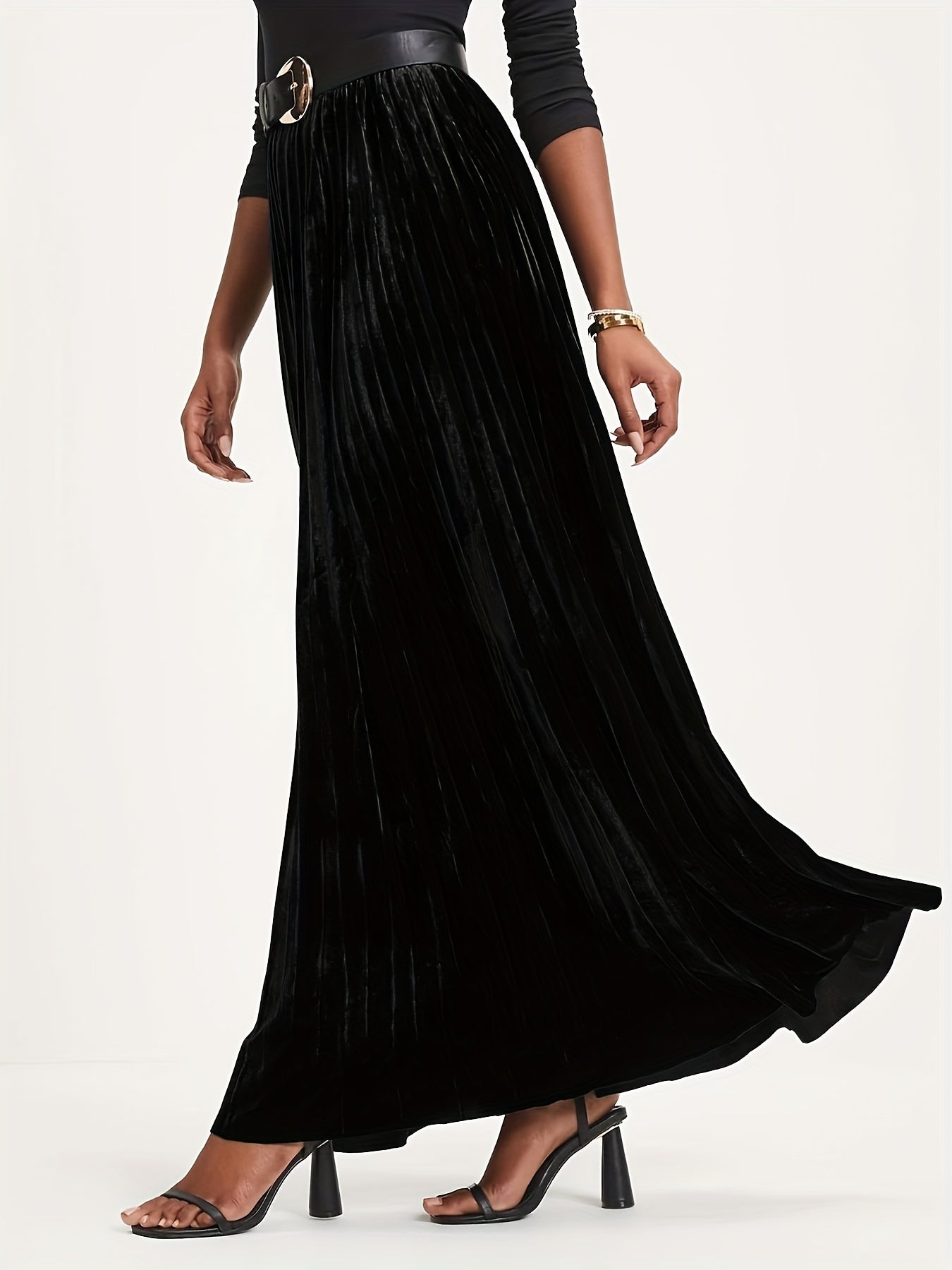 Plus Size Retro Skirt, Women's Plus Solid Velvet Elastic High Rise Maxi Pleated Skirt