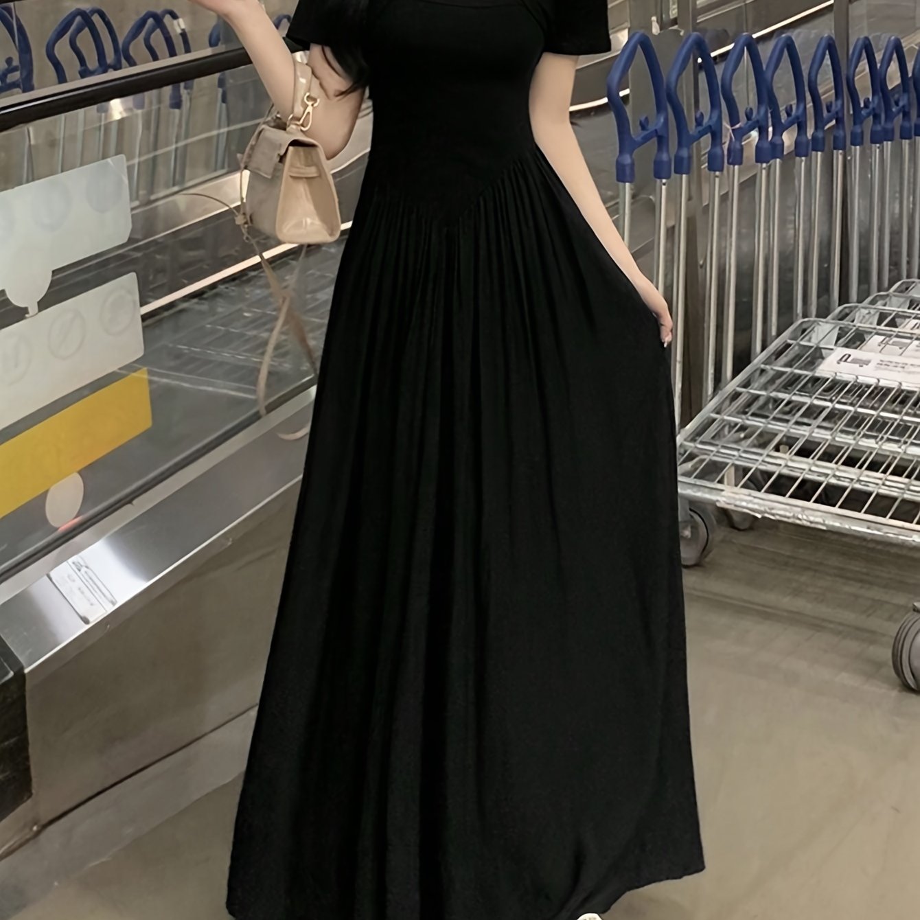 vlovelaw Solid Simple Ruched Dress, Casual Square Neck Short Sleeve Dress, Women's Clothing