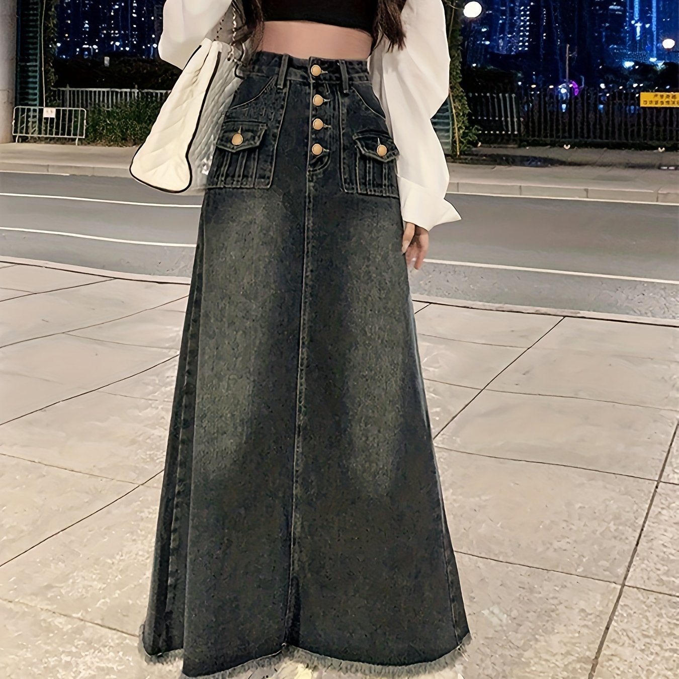 vlovelaw Black Frayed Trim Denim Midi Skirt, Single Breasted Button Flap Pockets Casual Denim Skirt, Women's Denim Clothing