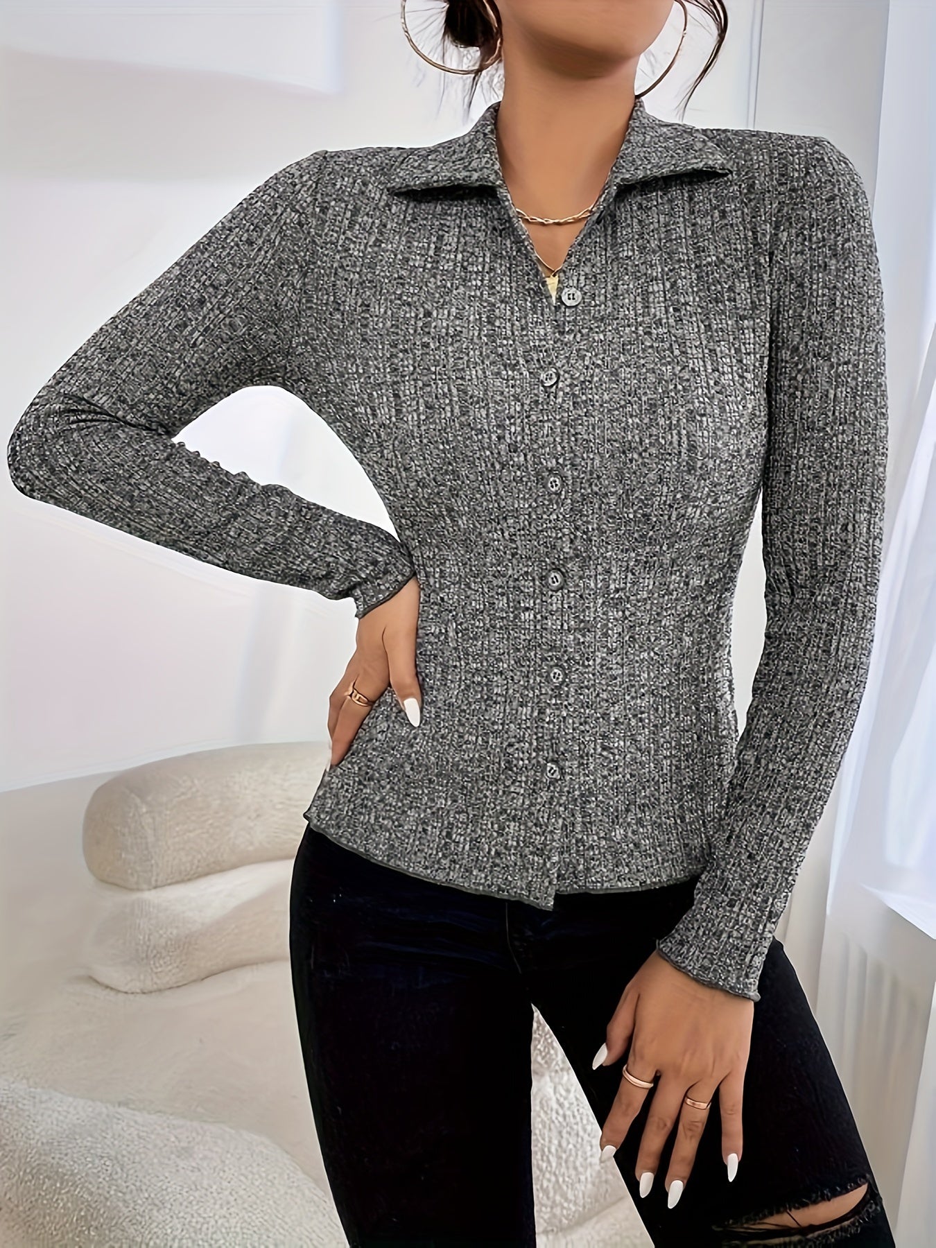 vlovelaw Solid Button Down Knit Cardigan, Elegant Turndown Collar Long Sleeve Slim Sweater, Women's Clothing
