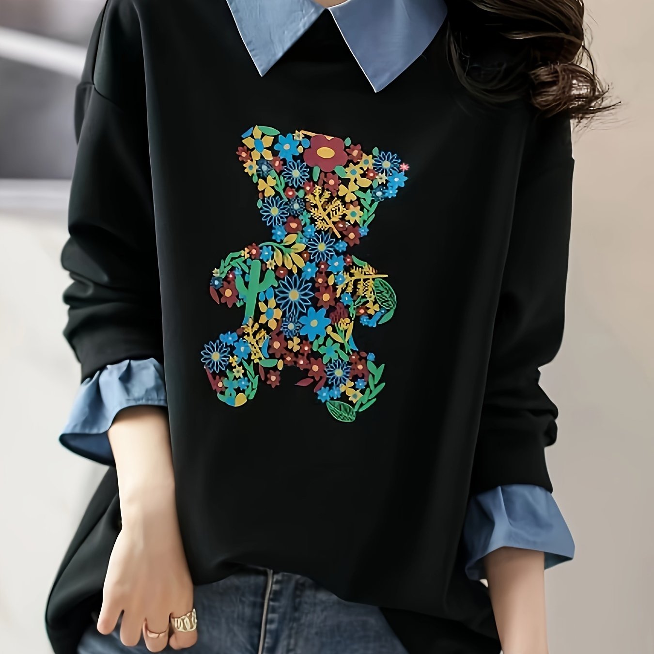 vlovelaw Bear Pattern Faux Twinset Sweatshirt, Casual Long Sleeve Lapel Sweatshirt, Women's Clothing