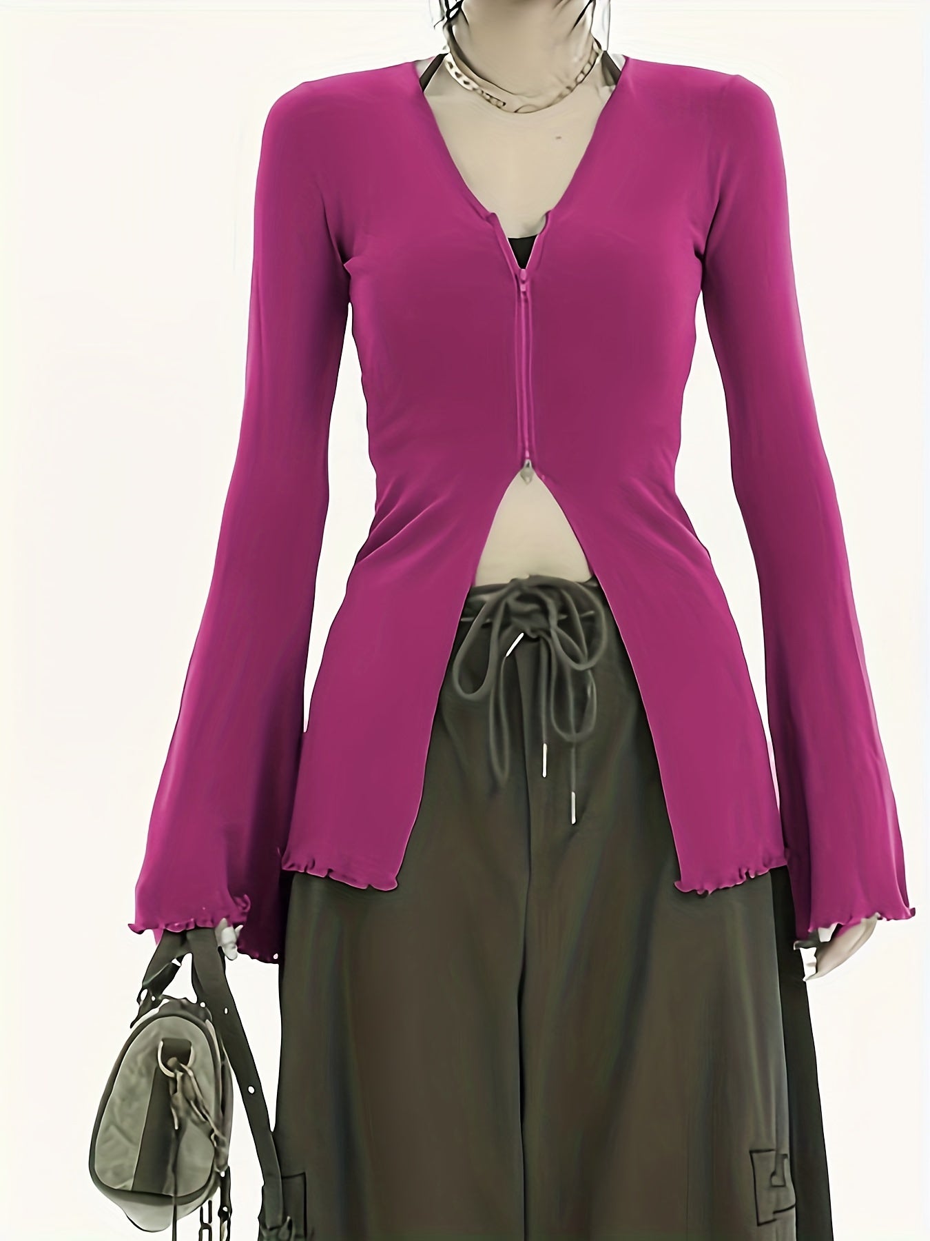 vlovelaw Solid V-neck Zipper Long Sleeve T-shirt, Elegant Autumn & Winter Comfy T-shirt, Women's Clothing