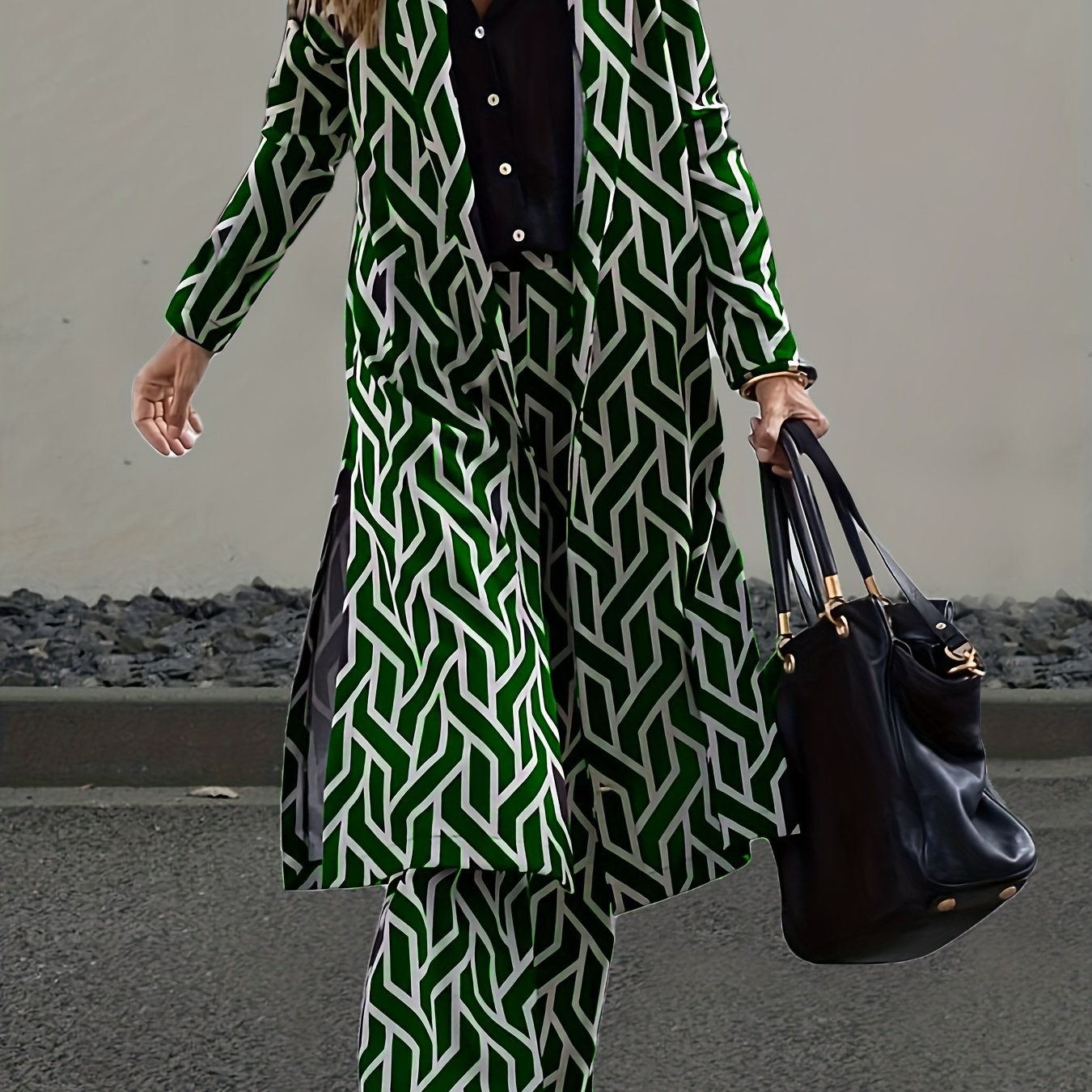 Plus Size Casual Outfits Two Piece Set, Women's Plus Geo Print Long Sleeve Lapel Collar Split Hem Blazer & Pants Outfits 2 Piece Set