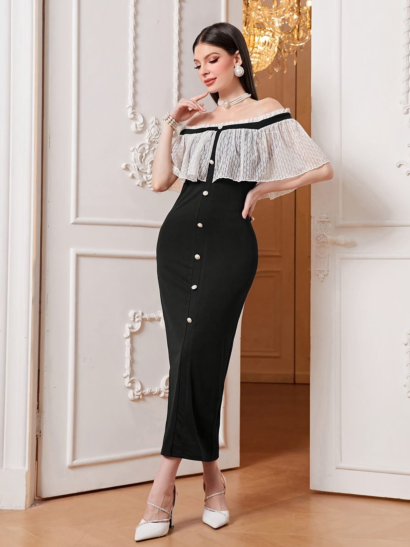 vlovelaw Off-shoulder Lace Cape Dress, Chic Split Hem Slim Dress For Spring & Summer, Women's Clothing