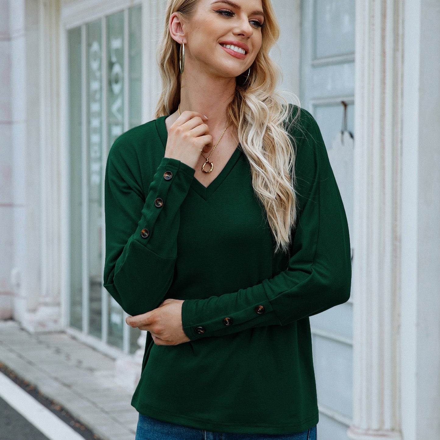 vlovelaw V Neck Oversized T-shirt, Casual Loose Long Sleeve Fashion T-Shirts Tops, Women's Clothing