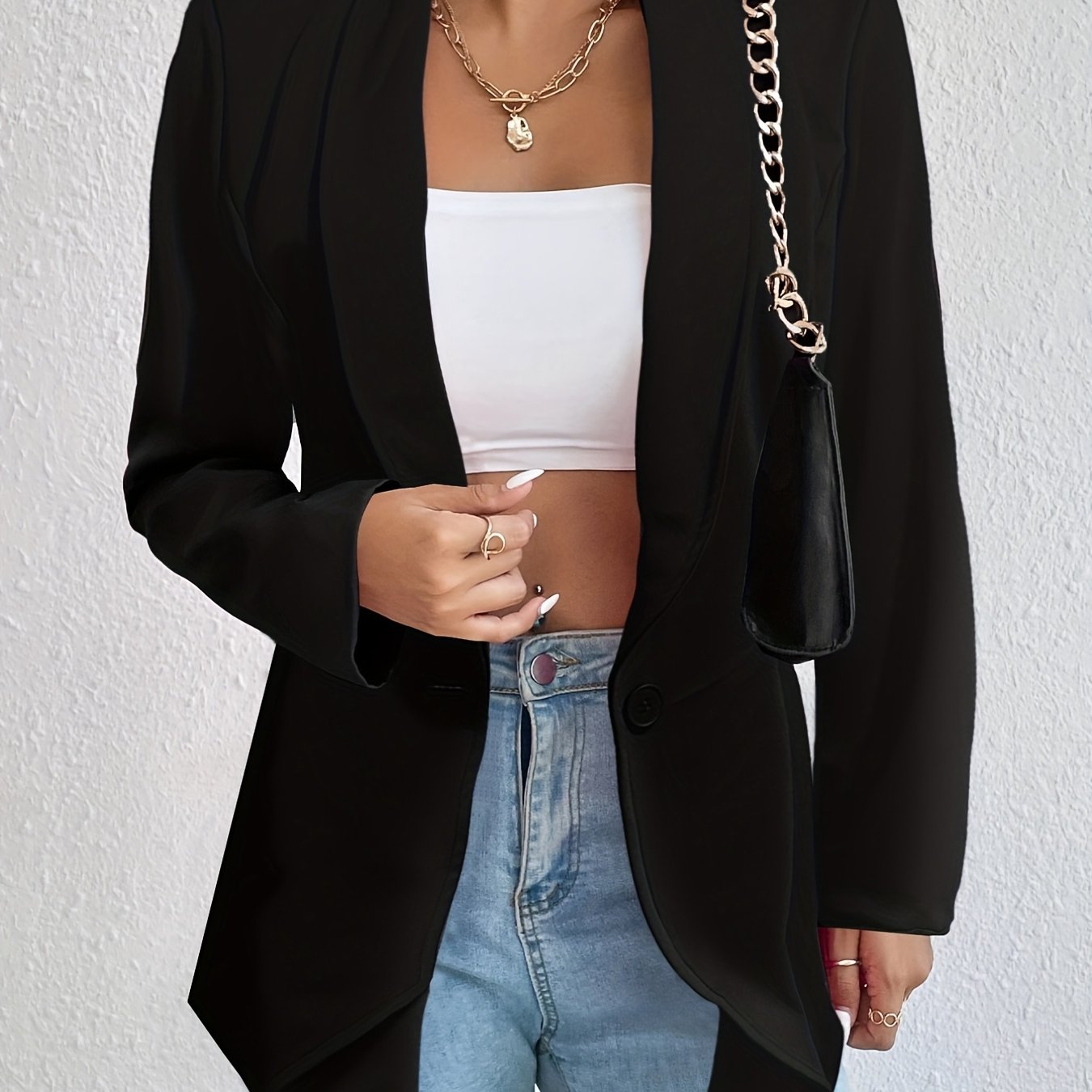 Plus Size Casual Blazer, Women's Plus Solid Three Quarter Sleeve Lapel Collar Single Breasted Blazer Jacket