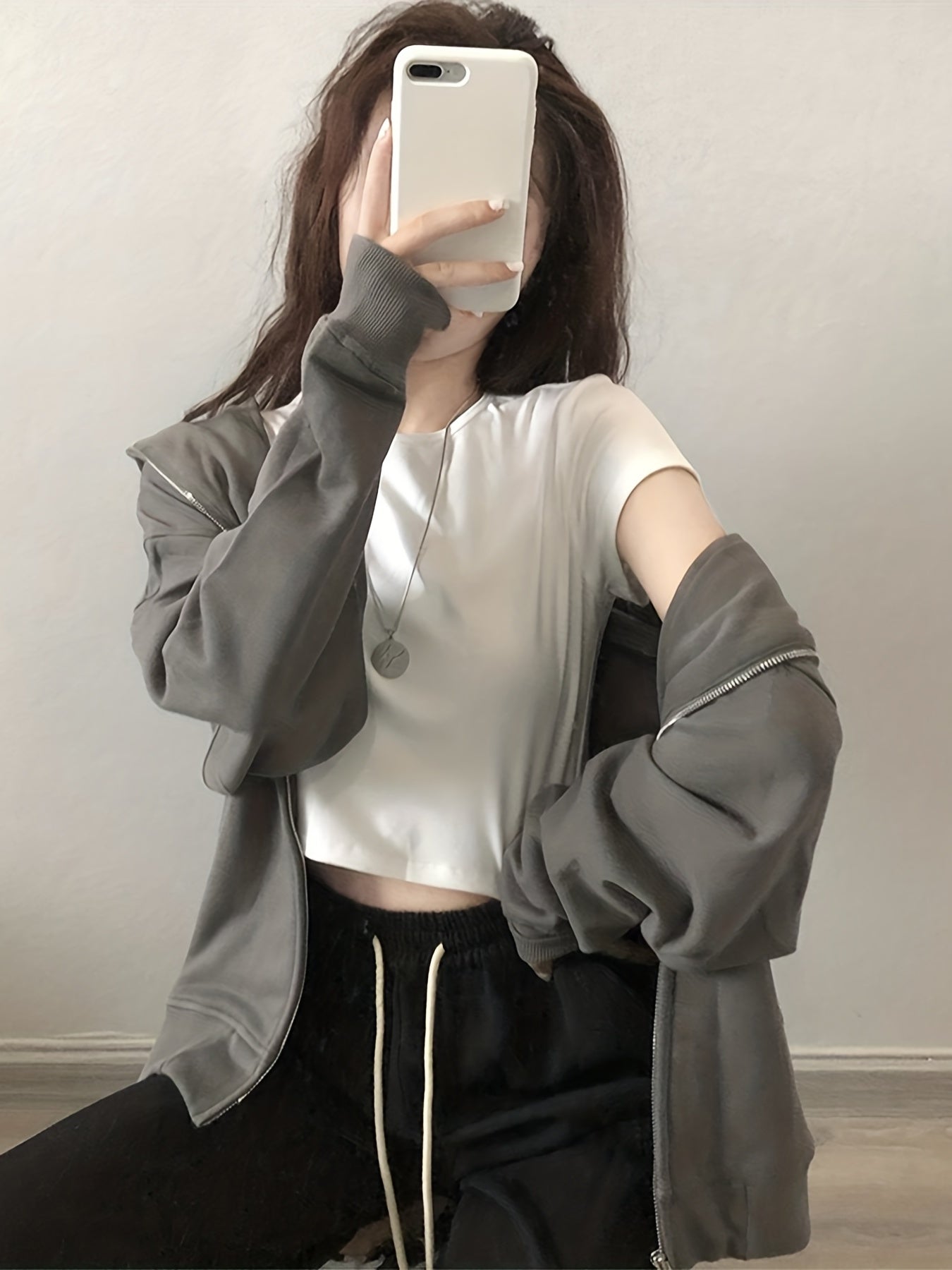 Solid Oversized Zip Up Sweatshirt, Drop Shoulder Drawstring Long Sleeve Pullover Hoodie, Women's Clothing