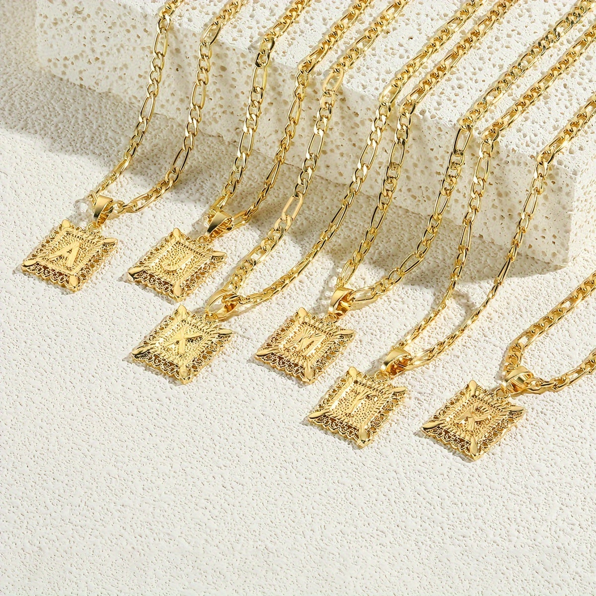 18K Gold Plated Square Monogram Pendant Necklace - Fashionable Personalized Alphabet Letter A-Z Figaro Chain Necklace for Men and Women - Copper Material, No Magnetic, No Mosaic, Plating-Free, Stylish Jewelry for Any Occasion