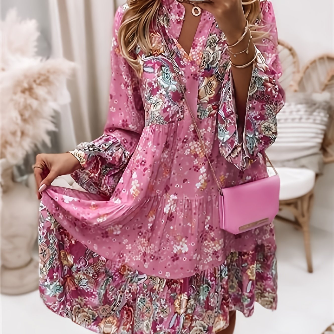 vlovelaw Floral Print Ruffle Hem Dress, Boho Holiday Long Sleeve V-neck Dress, Women's Clothing