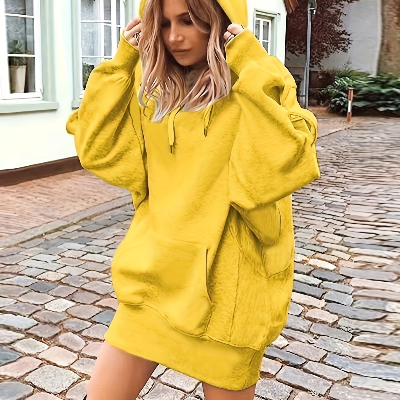 vlovelaw Solid Color Kangaroo Pocket Hoodie, Casual Long Sleeve Thigh Length Drawstring Hoodie Sweatshirt, Women's Clothing