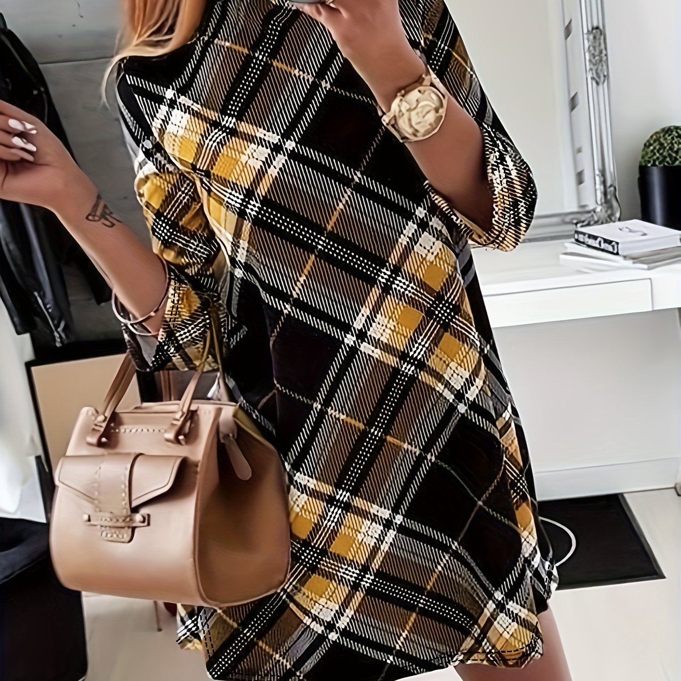 vlovelaw Plaid Mock Neck Dress, Elegant Long Sleeve Dress For Spring & Fall, Women's Clothing