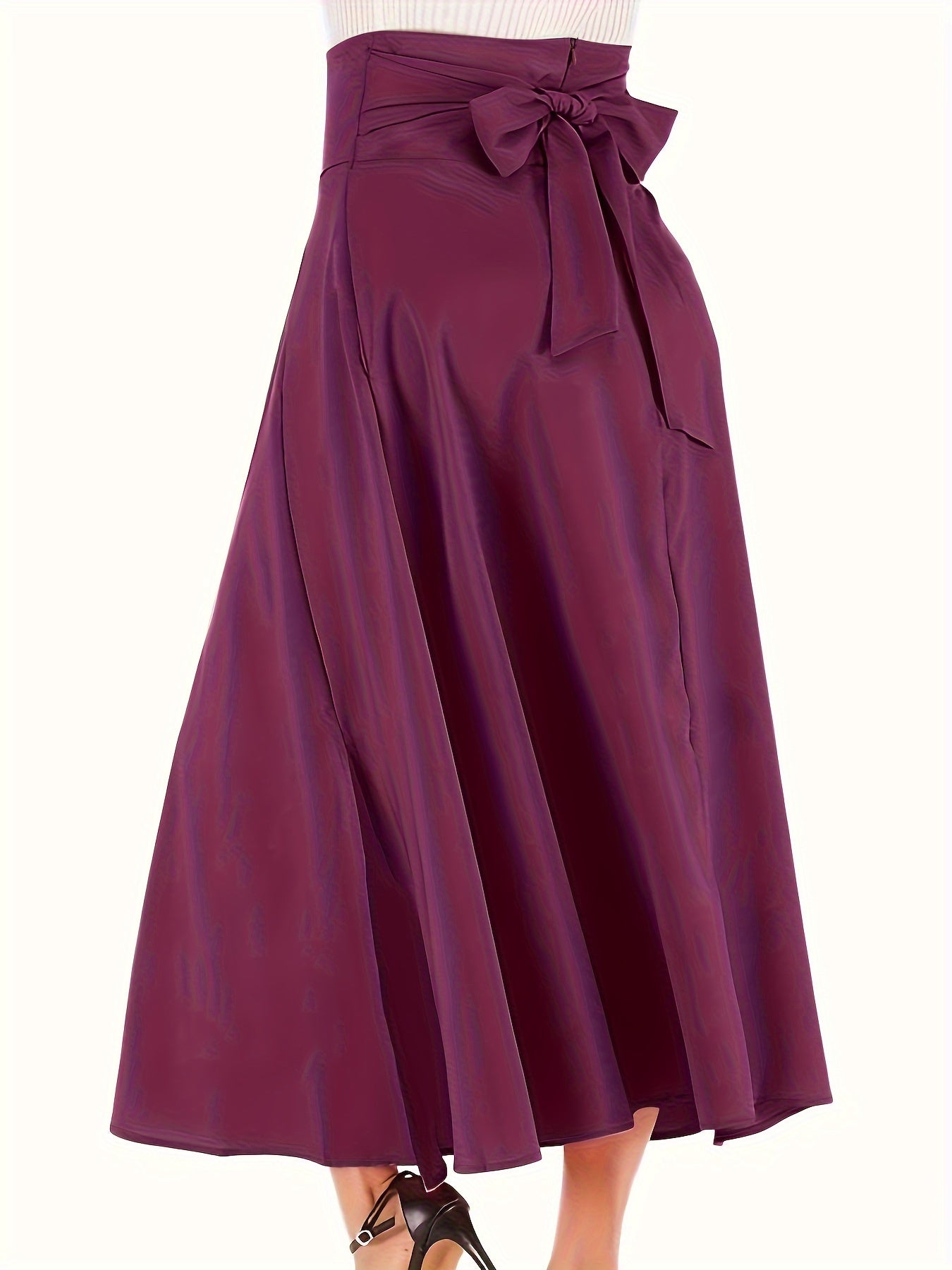 Plus Size Casual Skirt, Women's Plus Solid High Rise Belted Zipper Back A-line Skirt