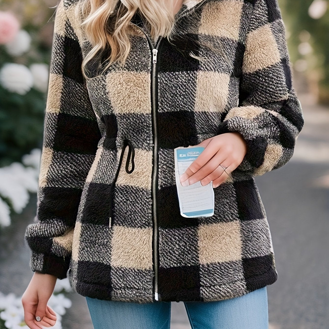 vlovelaw Plaid Pattern Drawstring Teddy Coat, Versatile Zipper Long Sleeve Warm Outwear For Fall & Winter, Women's Clothing