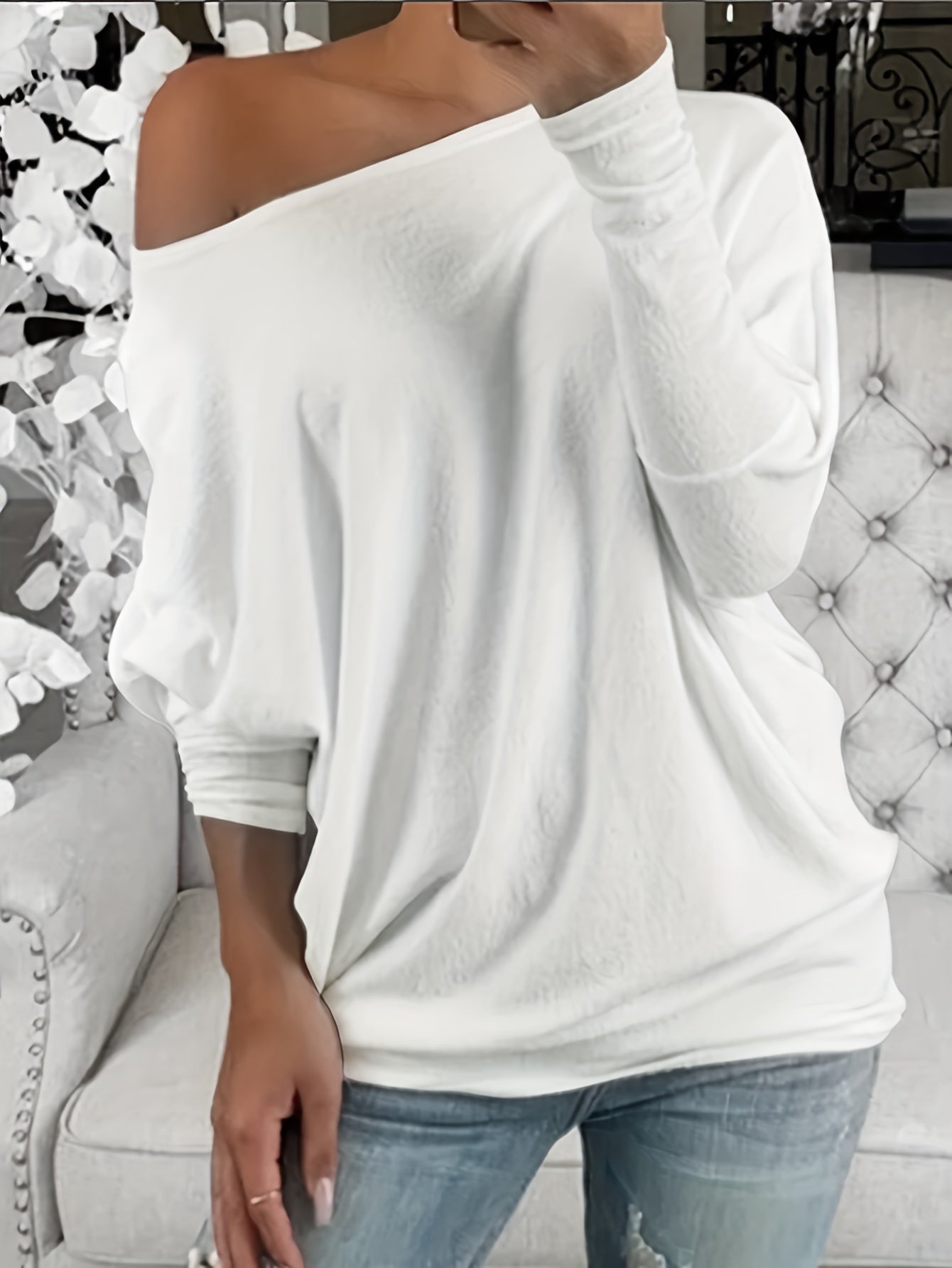 vlovelaw Solid Cold Shoulder T-Shirt, Casual Long Batwing Sleeve Top For Spring & Fall, Women's Clothing
