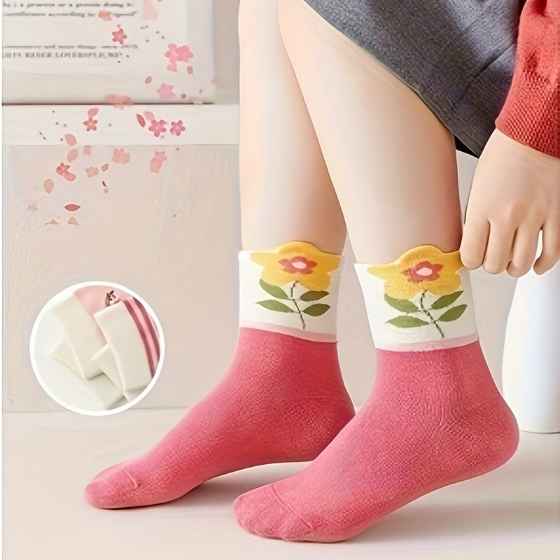 10pcs Kids' Cute Pink Floral & Heart Pattern Socks - Cozy Polyester Blend, Perfect for Fall/Winter - Mid-Calf Athletic & Floor Socks