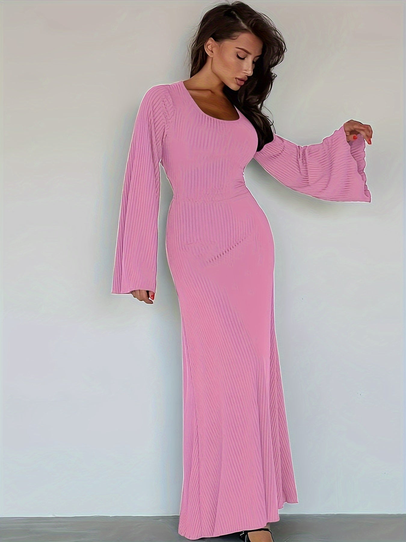 Solid Flared Long Sleeve Dress, Casual Squared Neck Maxi Dress, Women's Clothing
