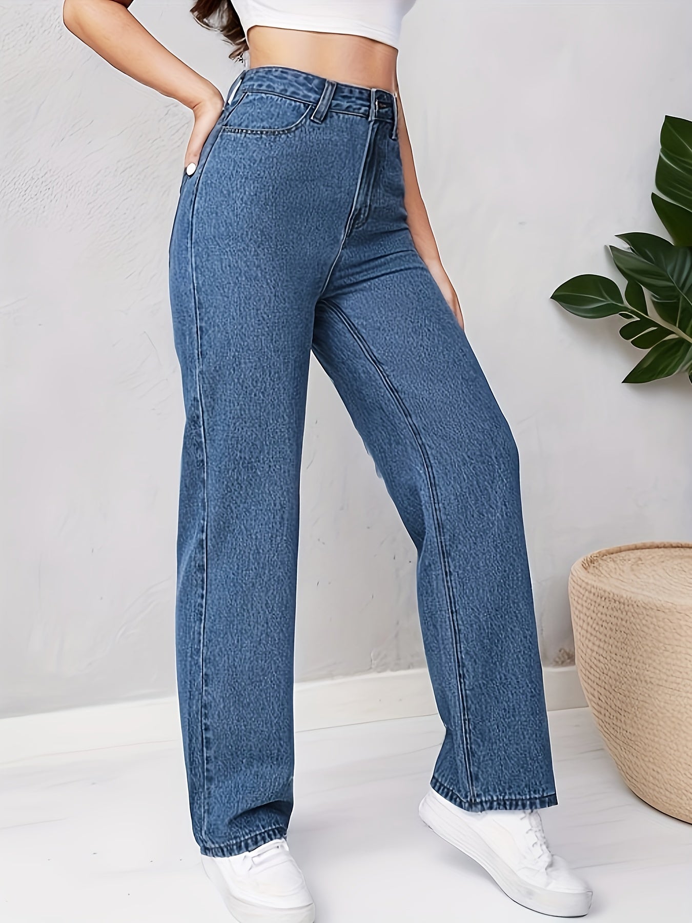 vlovelaw Blue Loose Fit Straight Jeans, High Waist Non-Stretch Slash Pockets Denim Pants, Women's Denim Jeans & Clothing