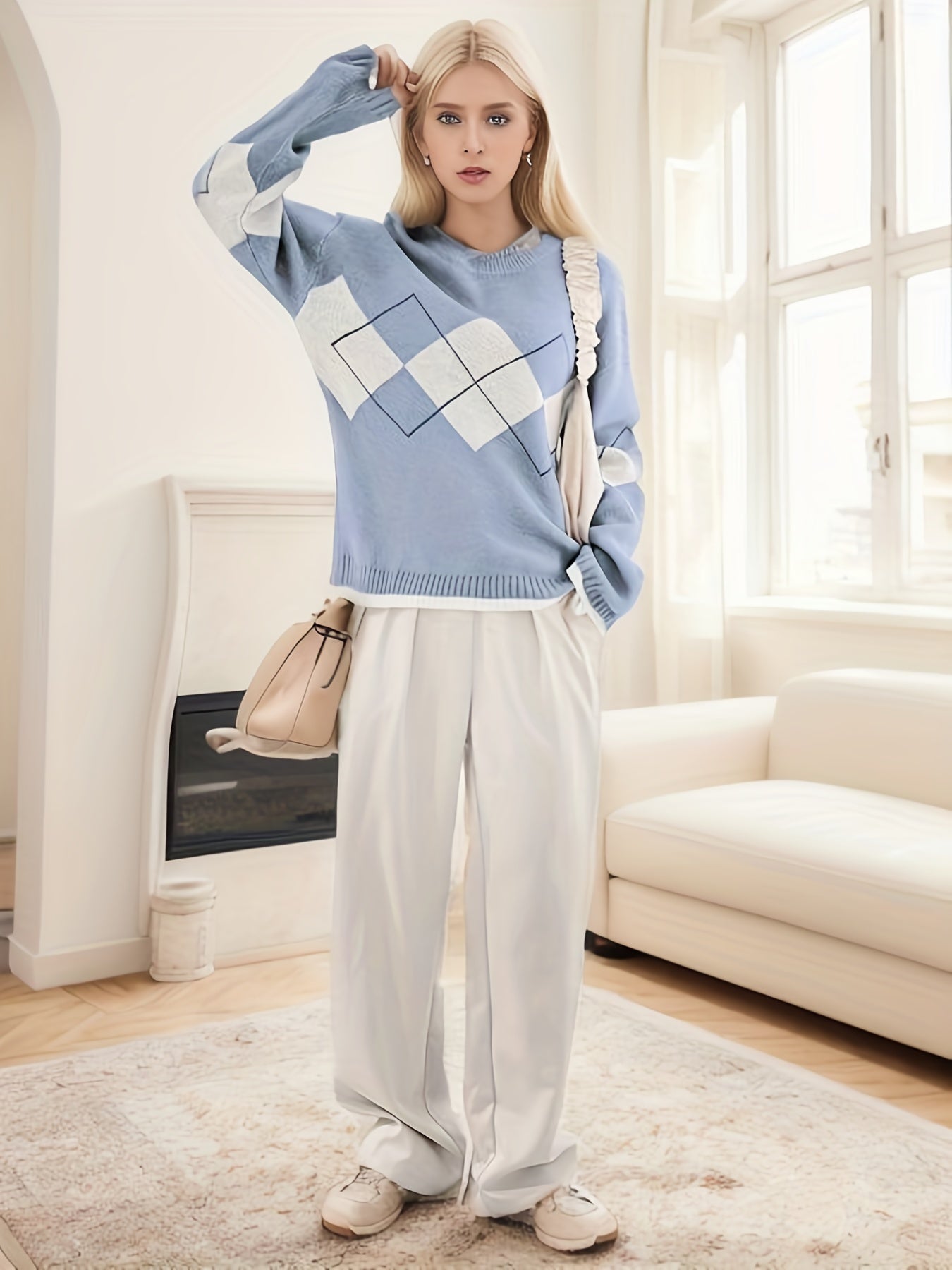 vlovelaw Y2K Geo Pattern Crew Neck Sweater, Long Sleeve Sweater For Fall & Winter, Women's Clothing