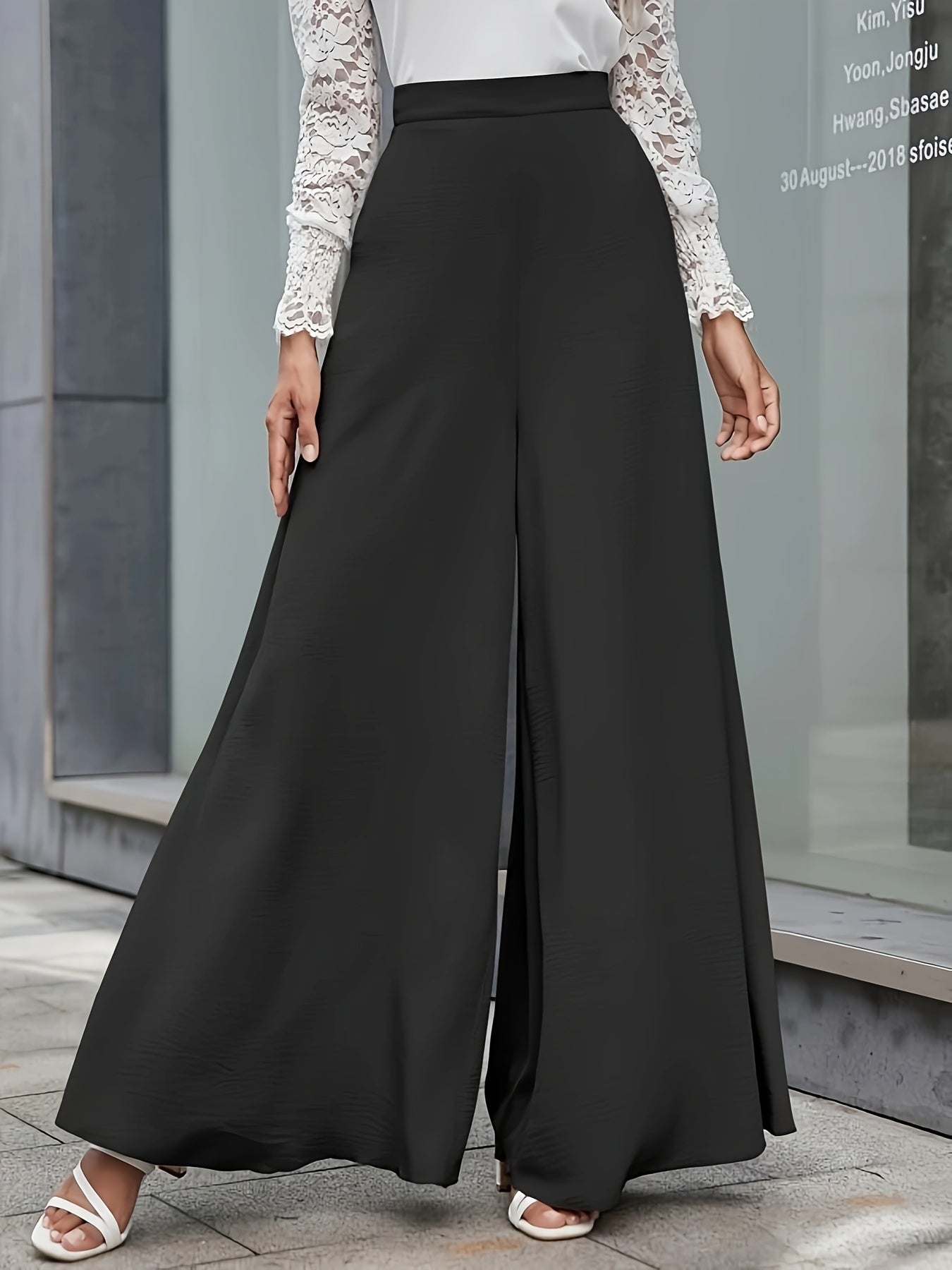 vlovelaw Solid High Waist Wide Leg Pants, Casual Floor Length Slant Pocket Pants, Women's Clothing