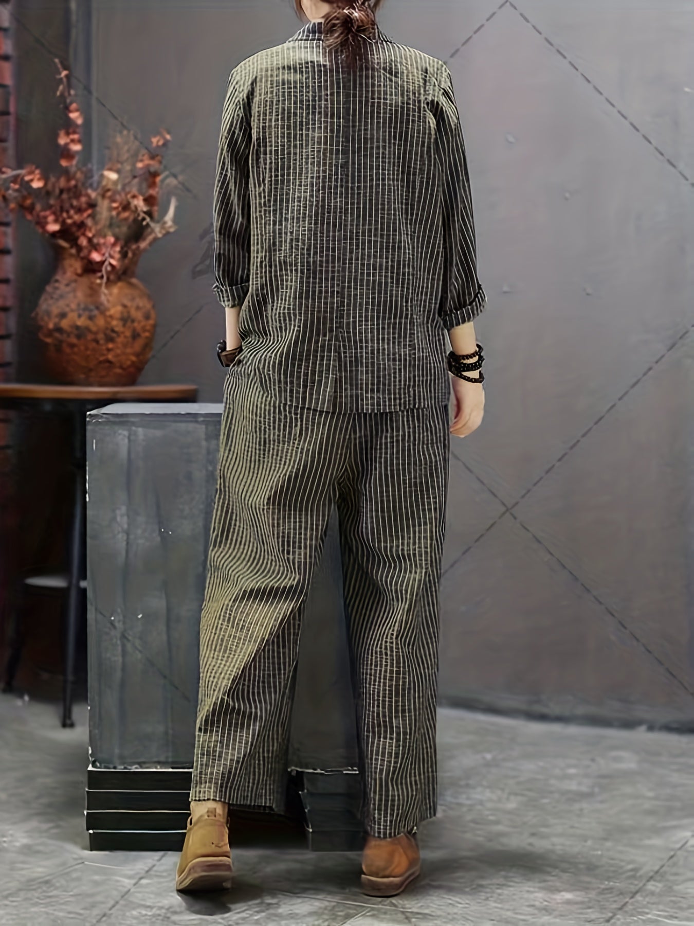 vlovelaw Striped Print Casual Two-piece Set, Lapel One Button Long Sleeve Blazer & Long Length Wide Leg Pants Outfits, Women's Clothing