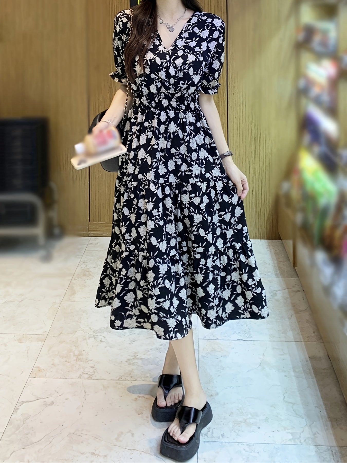 Floral Print V Neck Dress, Casual Puff Sleeve Shirred Waist Dress, Women's Clothing