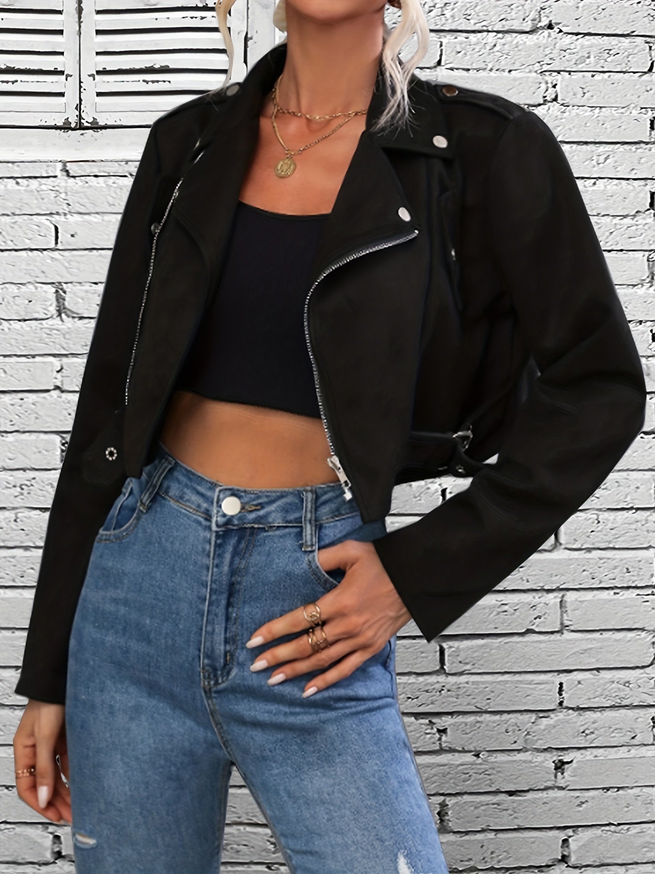 Solid Slant Zip Motor Jacket, Casual Long Sleeve Button Decor Crop Jacket For Spring & Fall, Women's Clothing