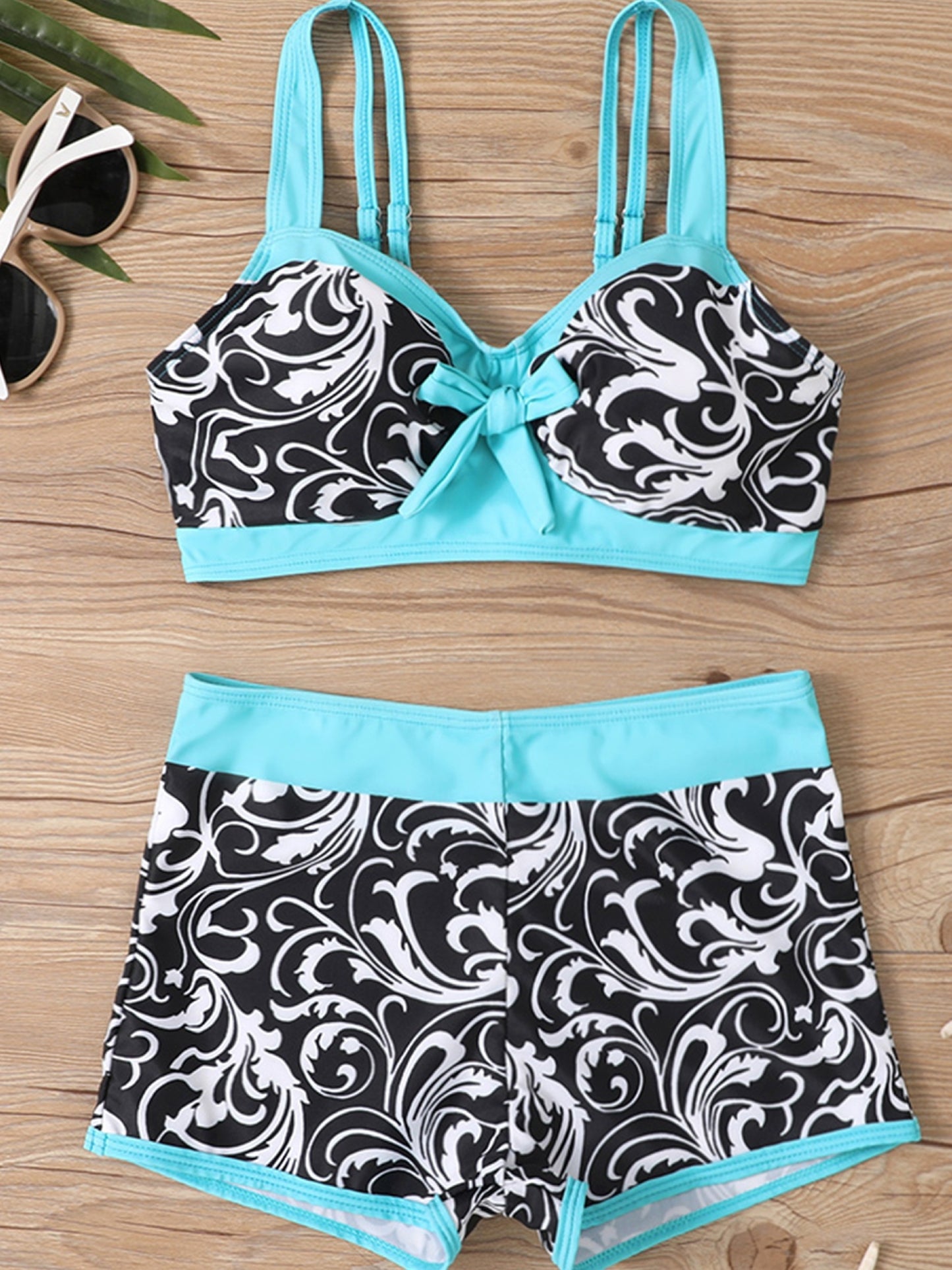 vlovelaw Random Print Bikini Sets, V Neck Contrast Trim Bow Tie Front High Waist Boxer Short Bottom Two Pieces Swimsuit, Women's Swimwear & Clothing