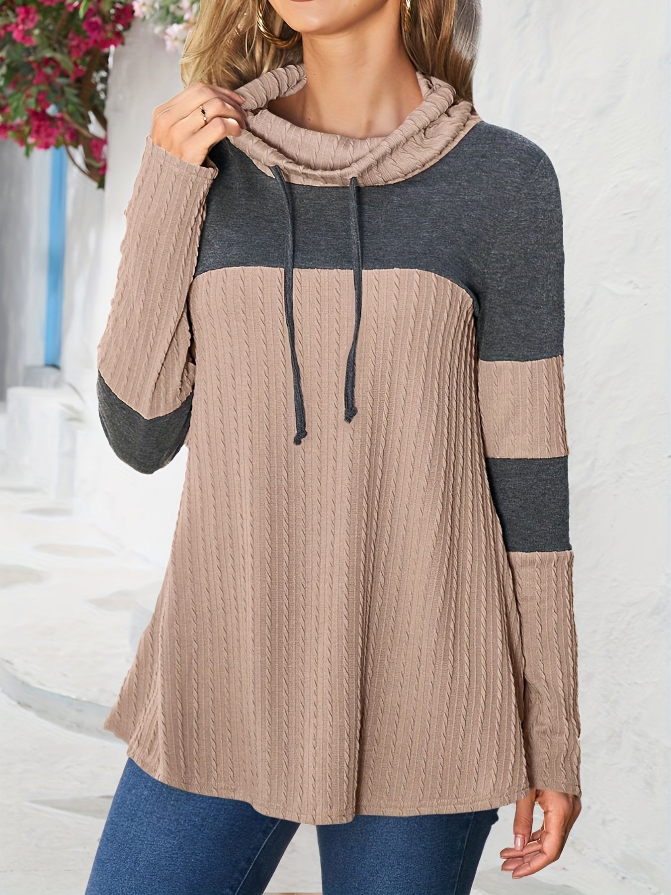 Women's Two Tone Color Drawstring Hooded Shirts, Long Sleeve Loose Textured Casual Pullover Shirt, Women's Fashion Clothing