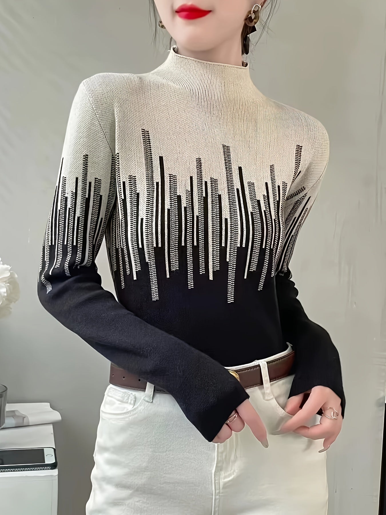 Color Block Mock Neck Pullover Sweater, Elegant Long Sleeve Slim Fashion Sweater, Women's Clothing