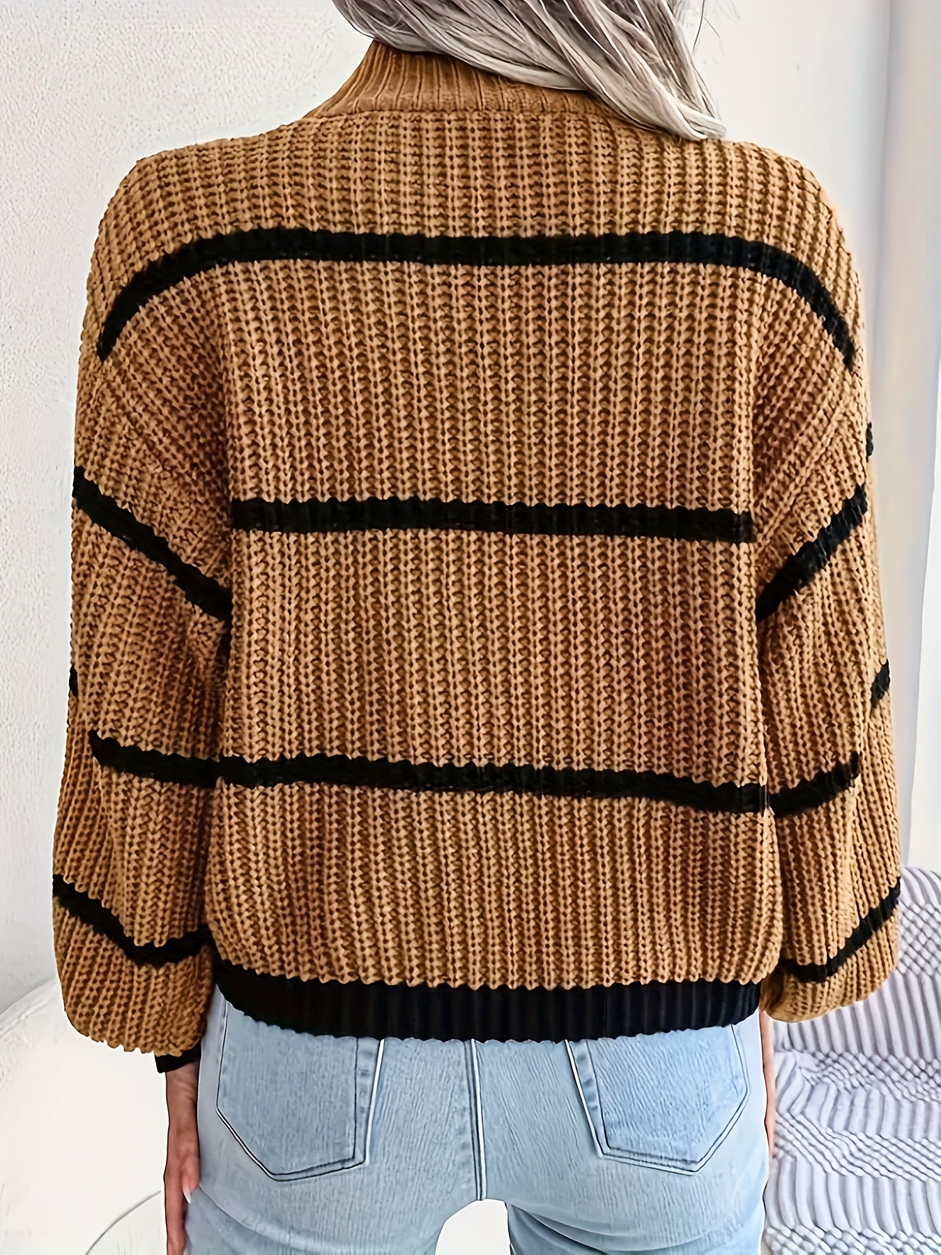 vlovelaw Striped Color Block Crew Neck Sweater, Casual Long Sleeve Loose Fall Winter Knit Sweater, Women's Clothing