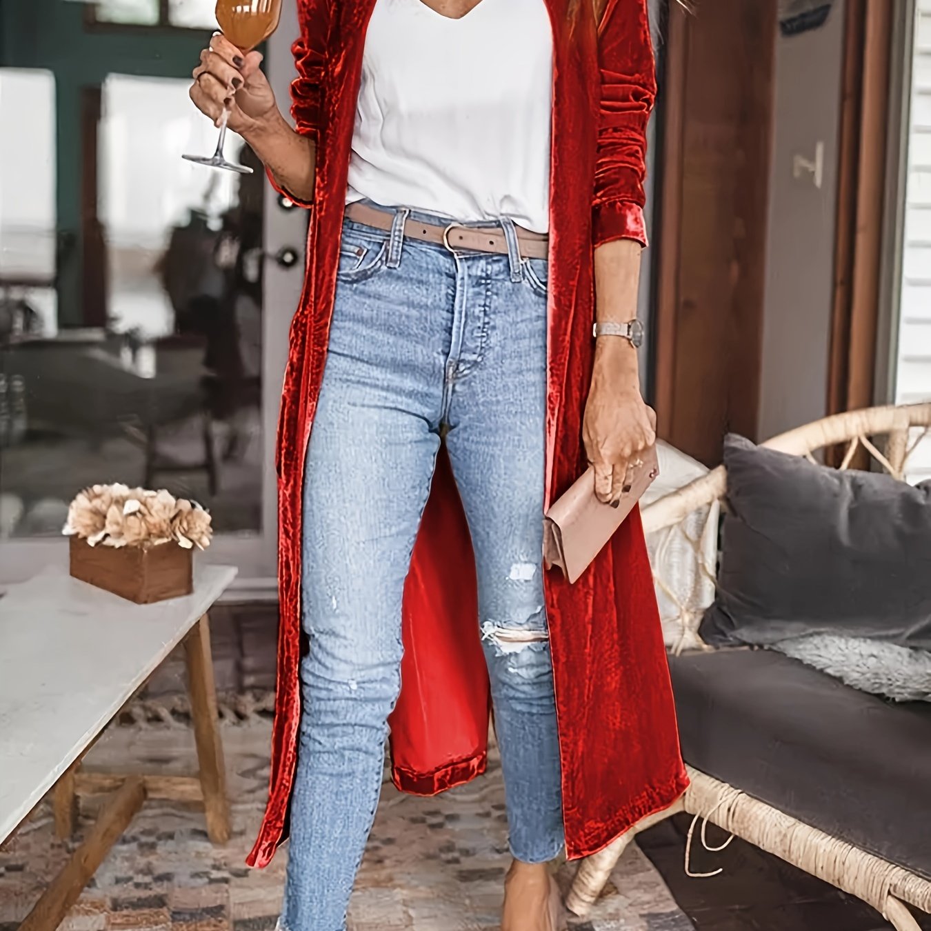Velvet V-neck Loose Mid Length Cardigans, Casual Pocket Solid Color Long Sleeve Spring Fall Cardigan, Women's Clothing
