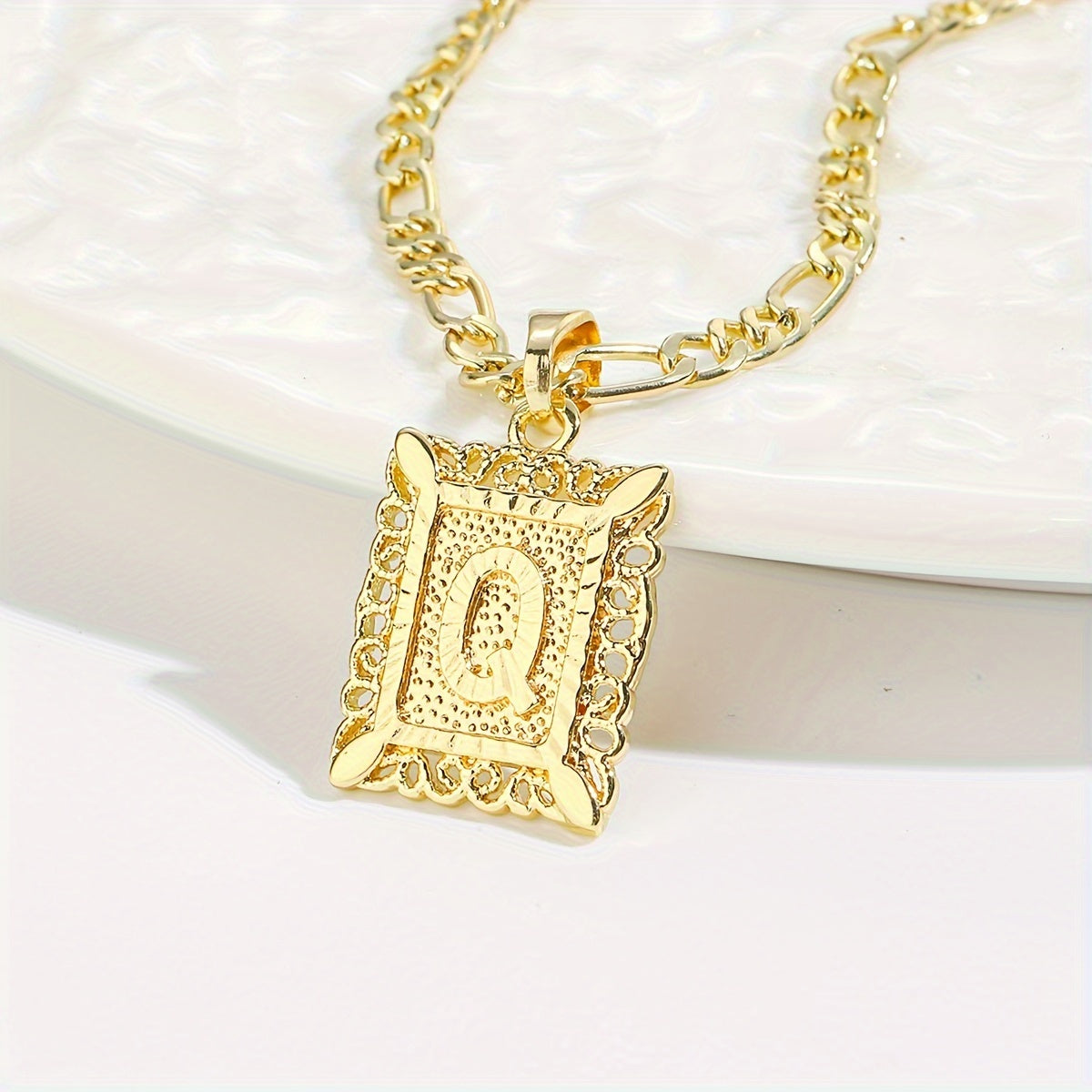 18K Gold Plated Square Monogram Pendant Necklace - Fashionable Personalized Alphabet Letter A-Z Figaro Chain Necklace for Men and Women - Copper Material, No Magnetic, No Mosaic, Plating-Free, Stylish Jewelry for Any Occasion
