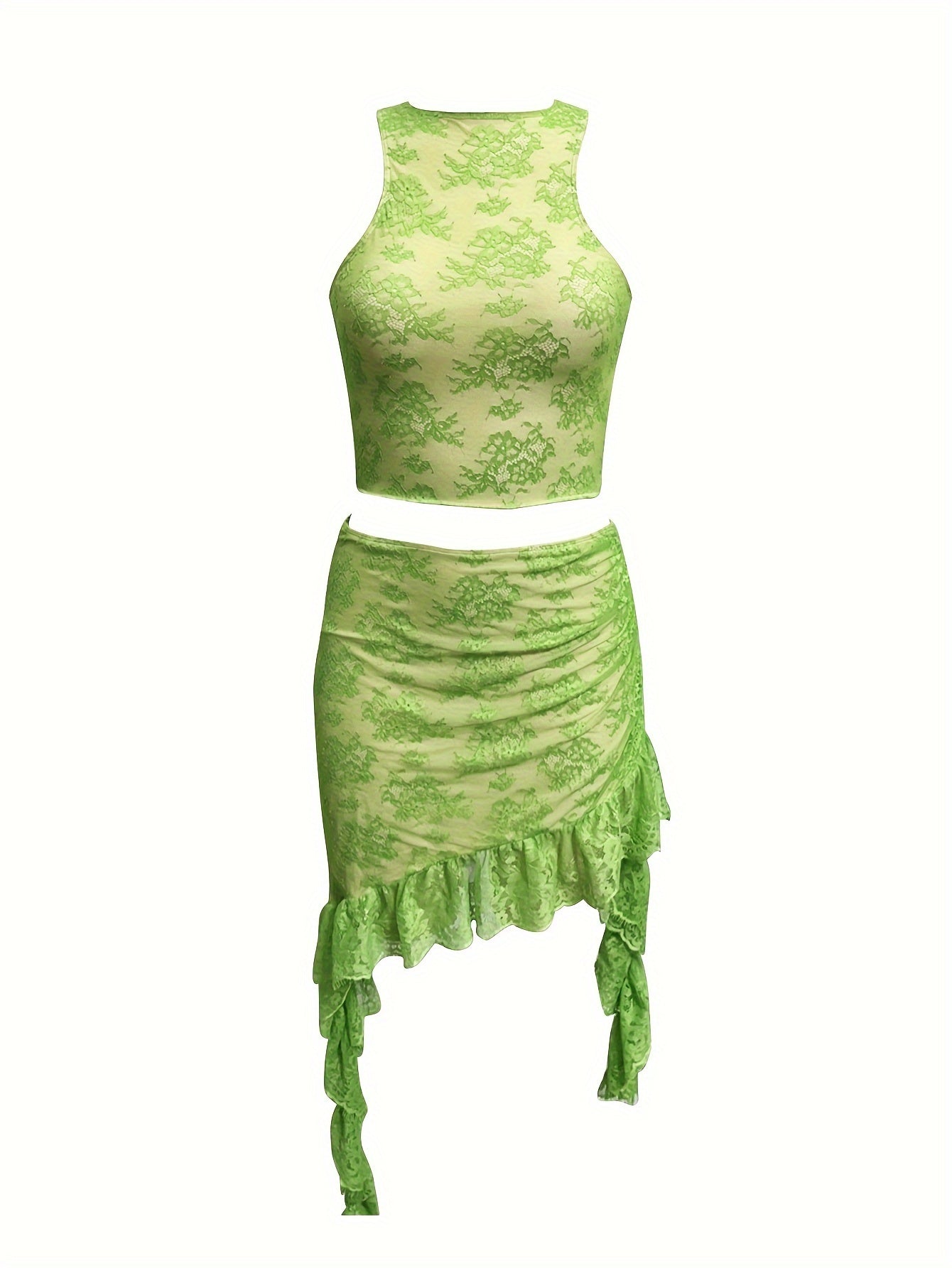 vlovelaw Sexy Floral Print Two-piece Skirt Set, Crop Tank Top & Ruffle Trim Asymmetric Fit Skirt Outfits, Women's Clothing