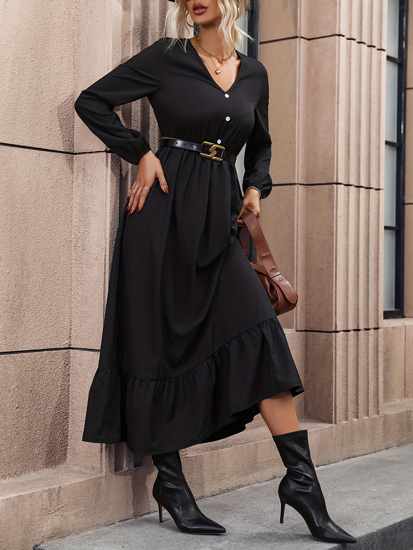 High Waist Simple Dress, Elegant V Neck Long Sleeve Midi Dress, Women's Clothing