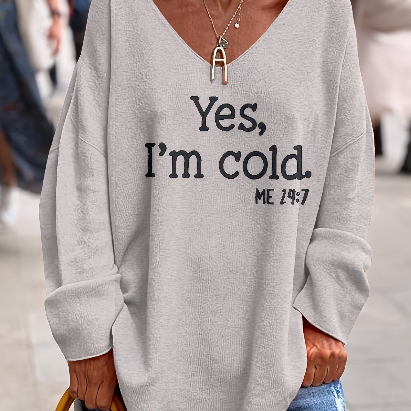 Letter Pattern V Neck Oversized Sweater, Casual Long Sleeve Rolled Trim Sweater, Women's Clothing