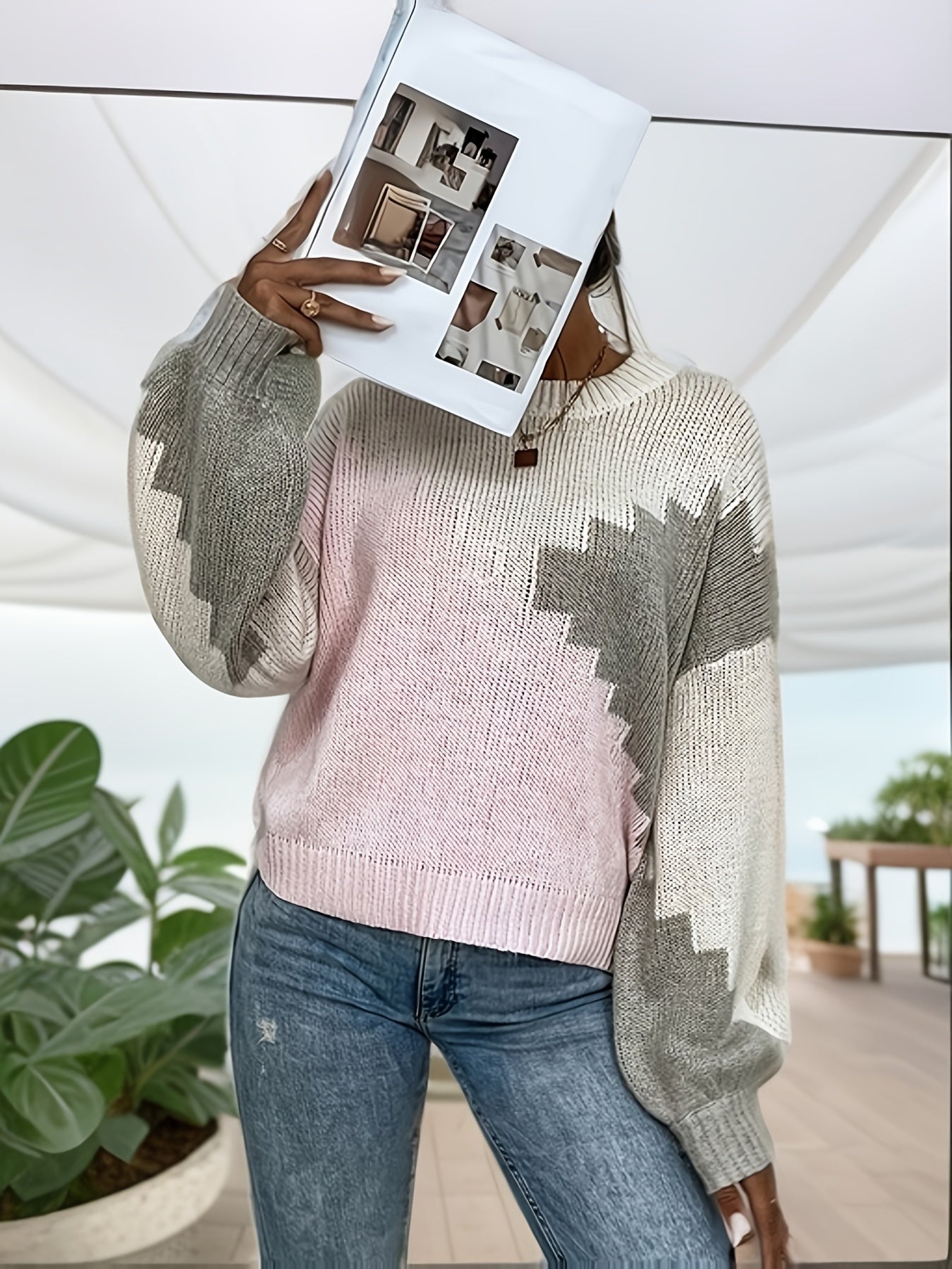 vlovelaw Color Block Crew Neck Sweater, Casual Long Sleeve Drop Shoulder Sweater, Women's Clothing