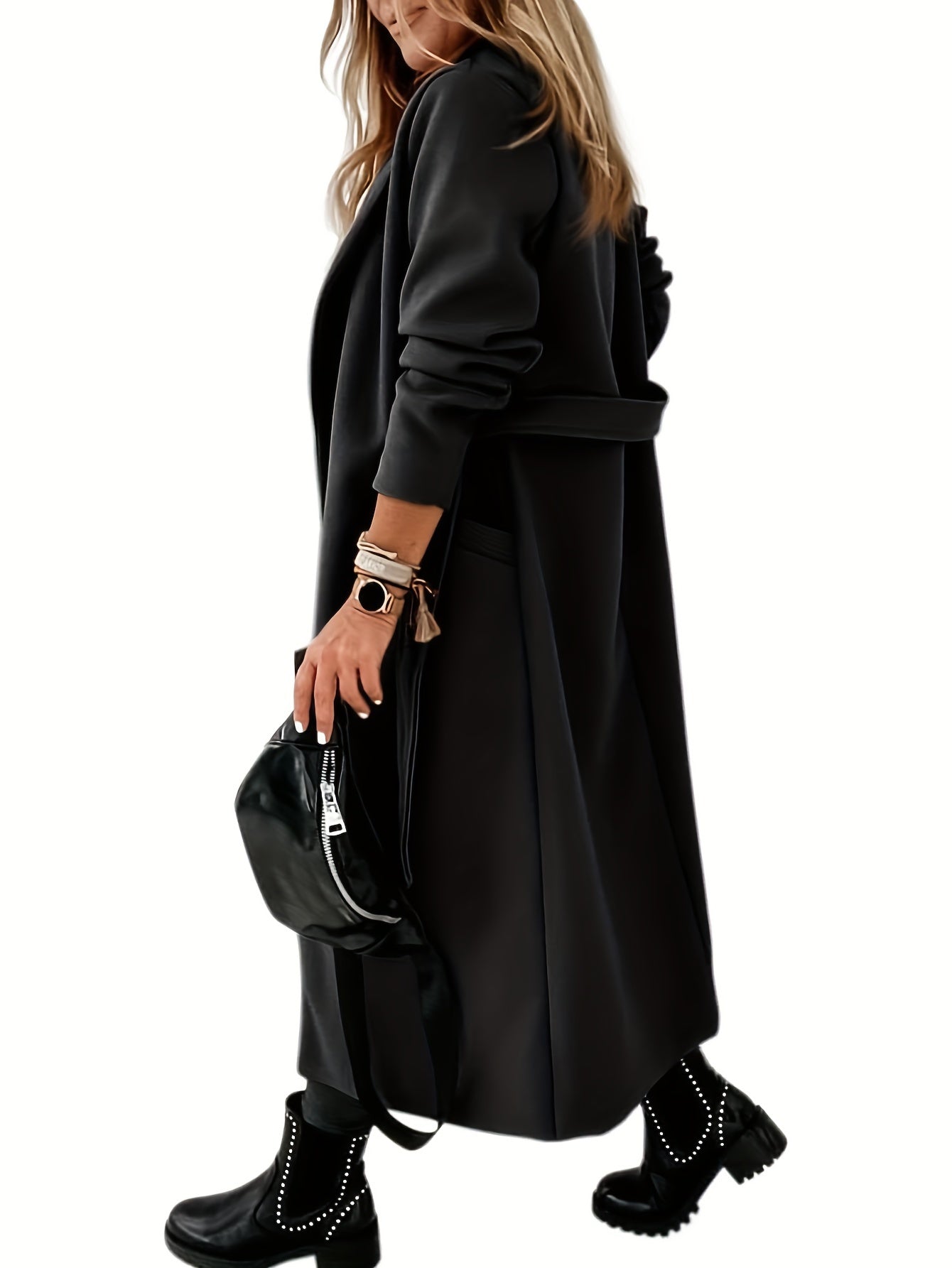 Open Front Mid Length Coat, Casual Solid Long Sleeve Outerwear, Women's Clothing
