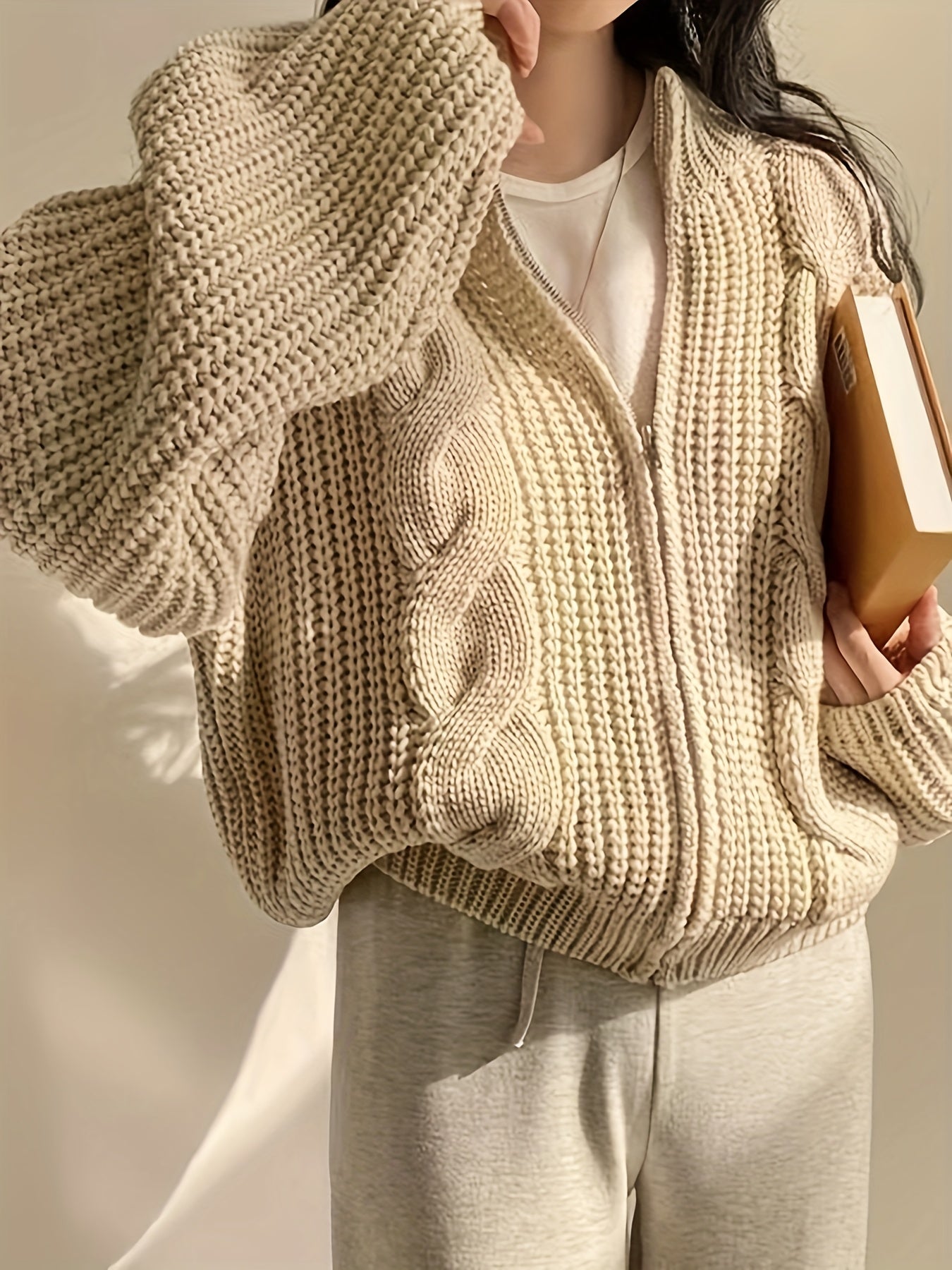 vlovelaw vlovelaw Solid Zip Up Chunky Cable Knit Cardigan, Casual Long Sleeve Loose Sweater, Women's Clothing