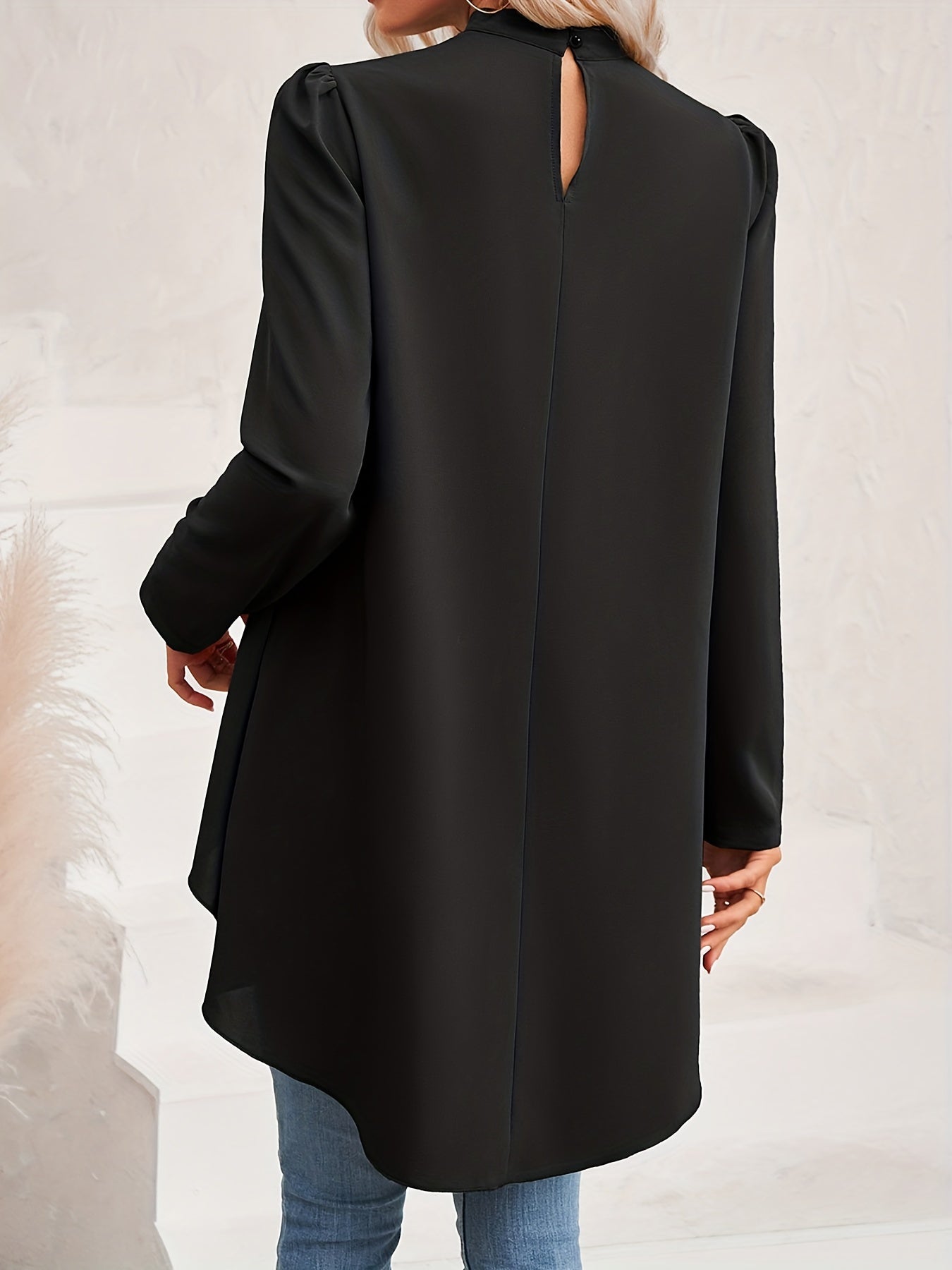Solid Fake Two-piece Blouse, Casual Asymmetrical Hem Mock Neck Blouse For Spring & Fall, Women's Clothing