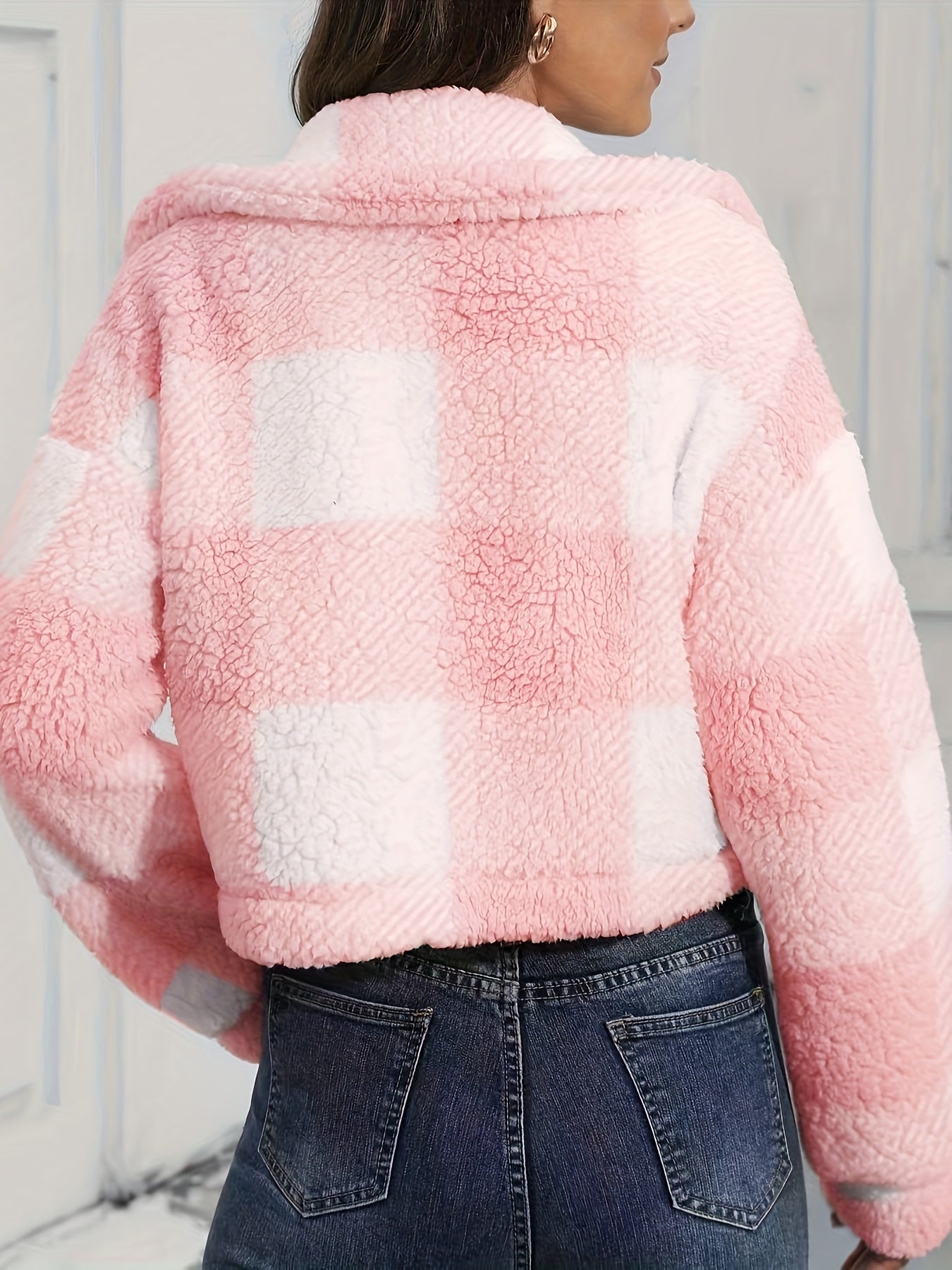 vlovelaw Plaid Teddy Coat, Casual Button Front Long Sleeve Winter Warm Outerwear, Women's Clothing