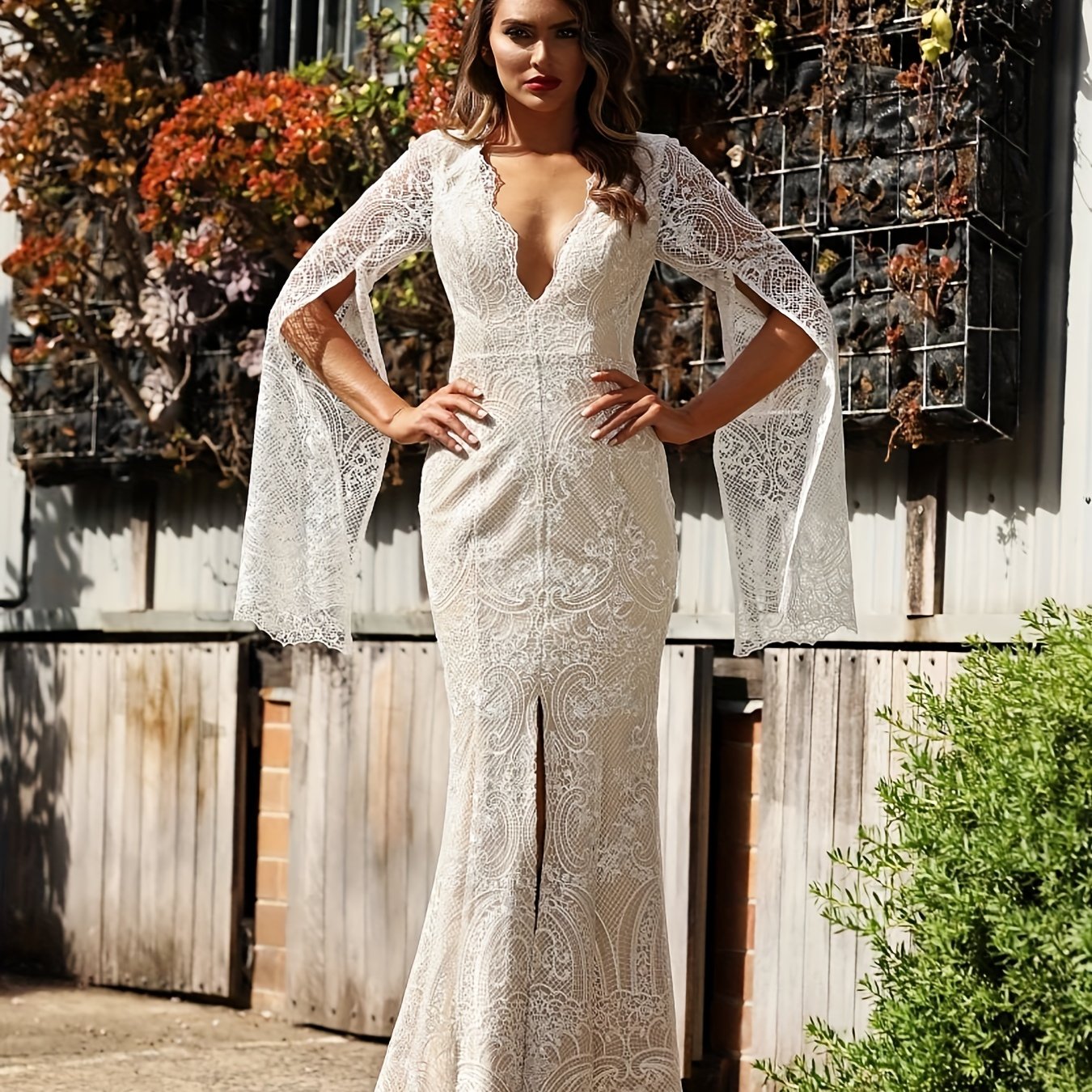 vlovelaw Guipure Lace V Neck Cocktail Dress, Elegant Cape Sleeve Split Slim Fit Evening Dress For Party & Banquet, Women's Clothing