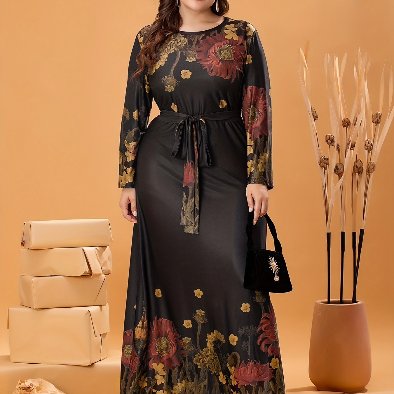 Plus Size Elegant Dress, Women's Plus Floral Print Long Sleeve Round Neck Maxi Dress With Belt