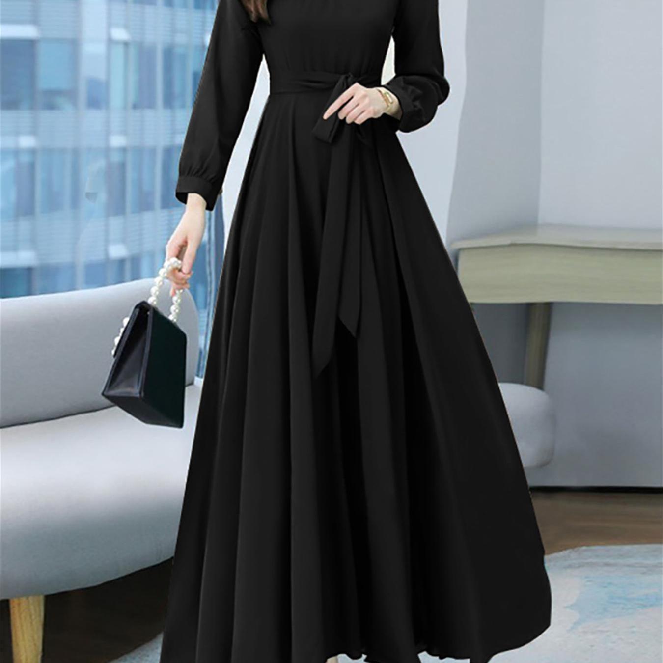 vlovelaw Plus Size Casual Dress, Women's Plus Solid Long Sleeve Round Neck Ruched Belted Maxi Dress